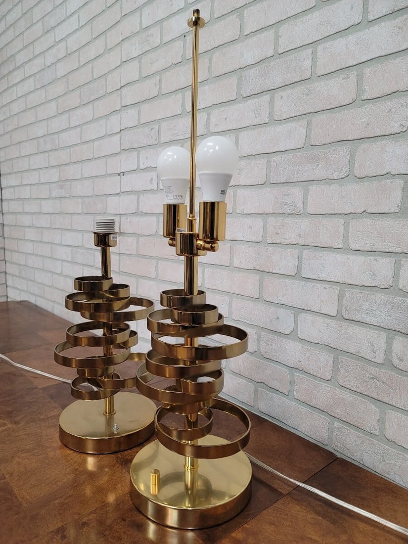 Designer Luciano Frigerio Style Brass Spiral Table Lamps with Custom Shades - Set of 2 - 7