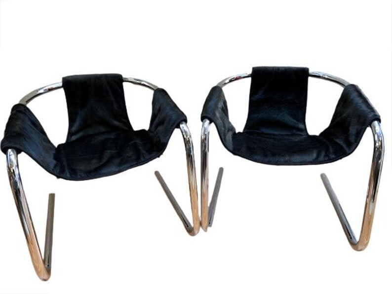 Postmodern Chrome Vecta Zermatt Sling Chair Newly Reupholstered - Pair: Title: Postmodern Chrome Vecta Zermatt Sling Chair Newly Reupholstered - Pair Description: Mid Century Postmodern Chrome Vecta Zermatt Sling Lounge Chair by Vecta Group Newly Upholstered in a High End