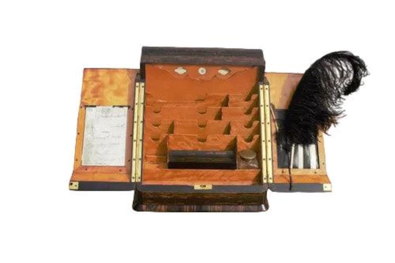 Antique Toulmin and Gale of New Bond Street Writing Desk Set: Title: Antique Toulmin and Gale of New Bond Street Writing Desk Set Description: .Antique English Toulmin and Gale of New Bond Writing Desk Set Circa End 18th Century Dimensions H 13"D 11"W 13" CONDIT