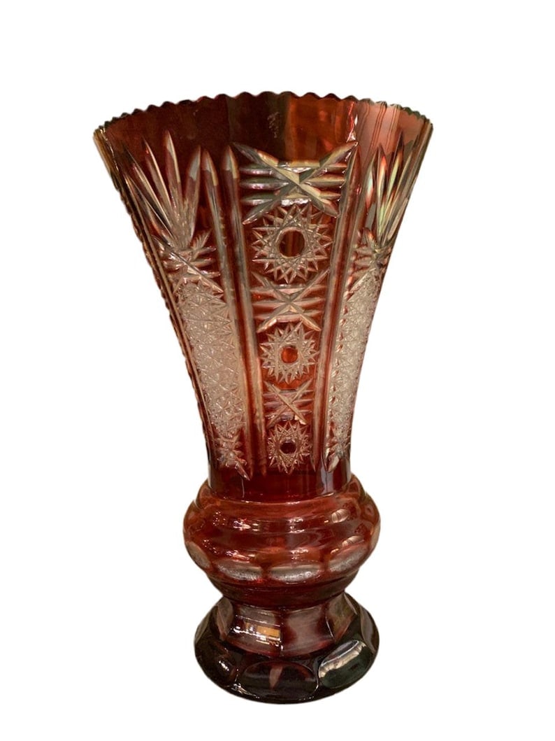 Mid Century Crystal Cut Cranberry Vase (1 of 5)