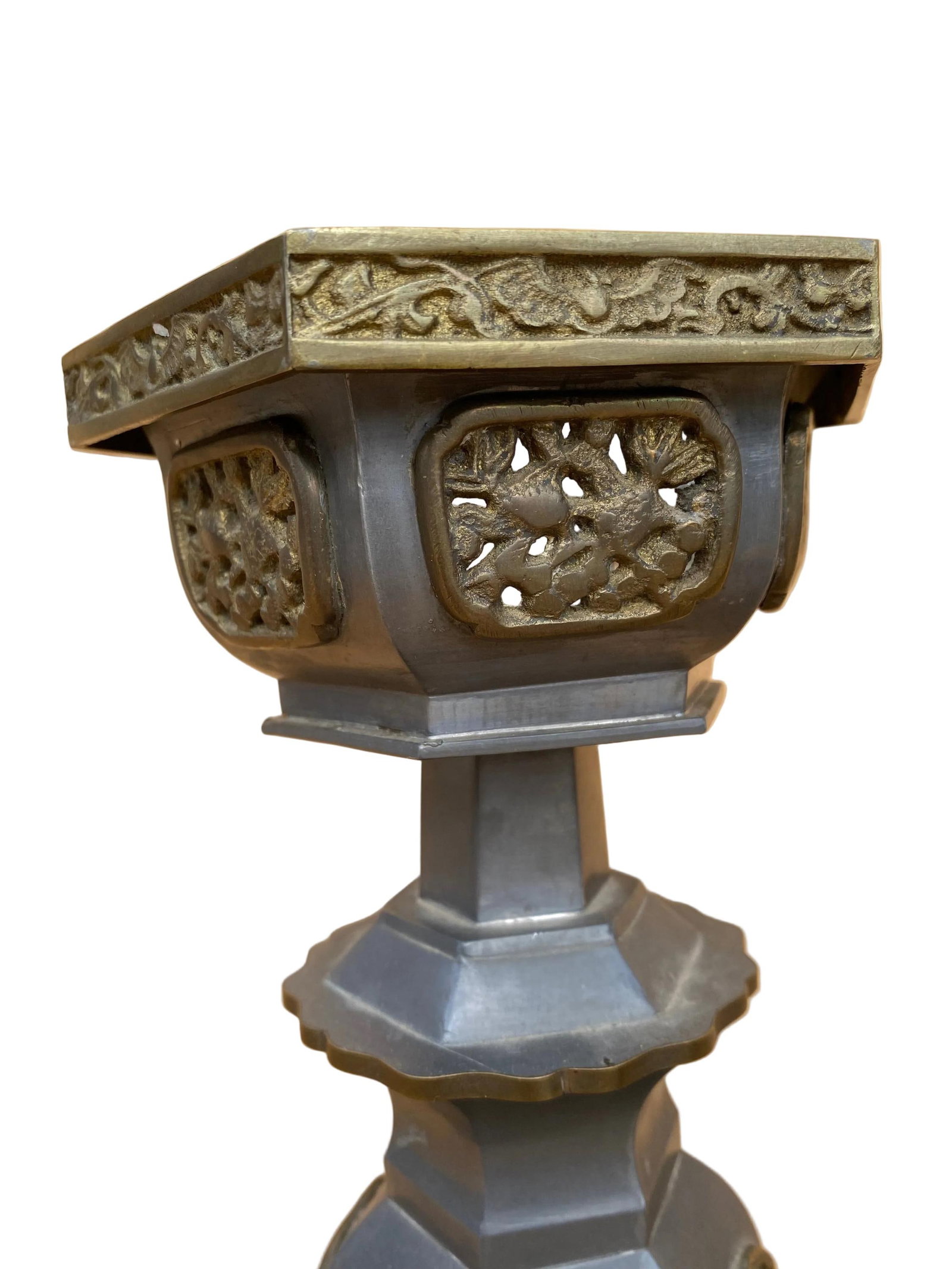 Vintage Pewter and Gilt Chinese Temple Candlesticks - Pair - 4