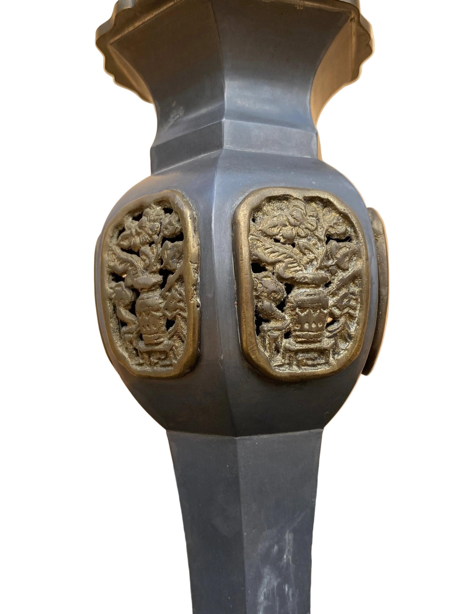 Vintage Pewter and Gilt Chinese Temple Candlesticks - Pair - 6