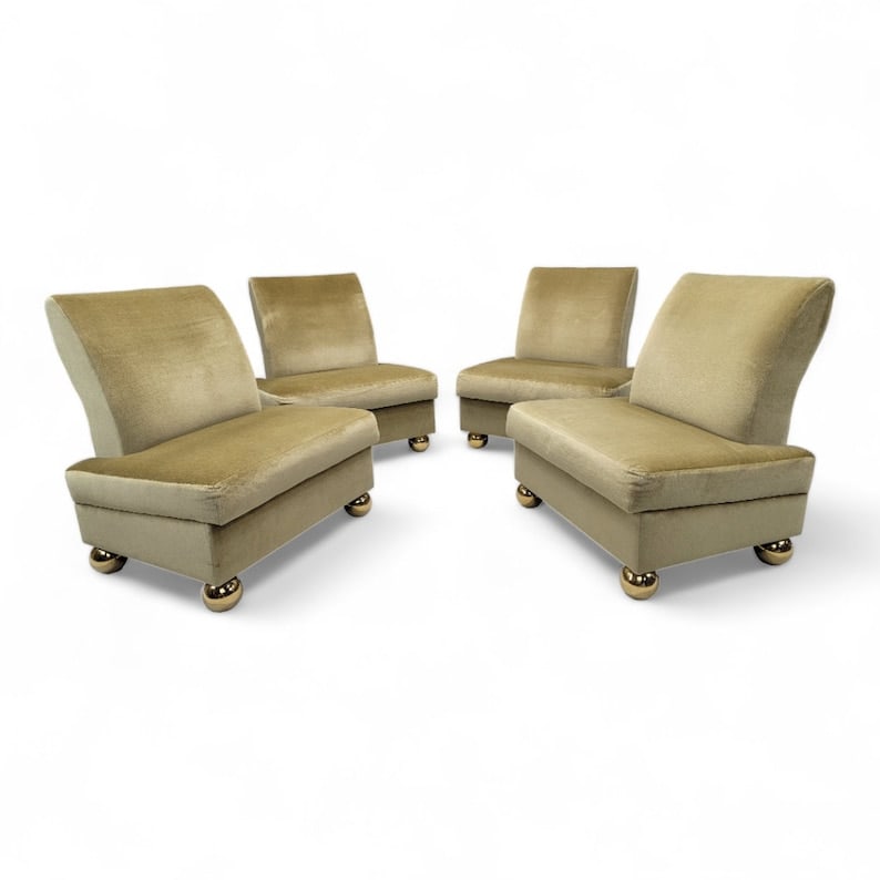 Vintage Gold Mohair Slipper Chairs with Brass Ball Feet - Set of 4: Title: Vintage Gold Mohair Slipper Chairs with Brass Ball Feet - Set of 4 Description: Vintage Postmodern Redesigned Gold Mohair Slipper Chairs on Oversized Brass Ball Feet - 4 Piece Set Vintage set o