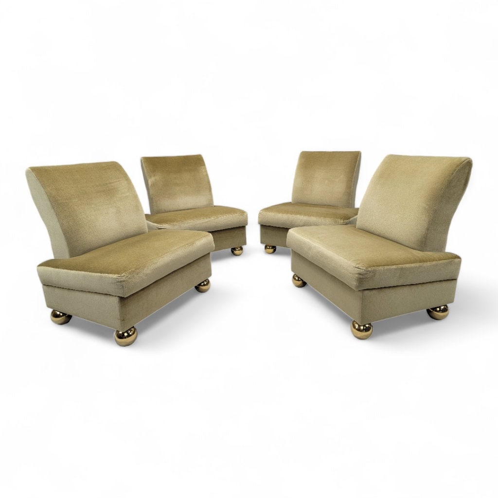 Vintage Gold Mohair Slipper Chairs with Brass Ball Feet - Set of 4 - 2
