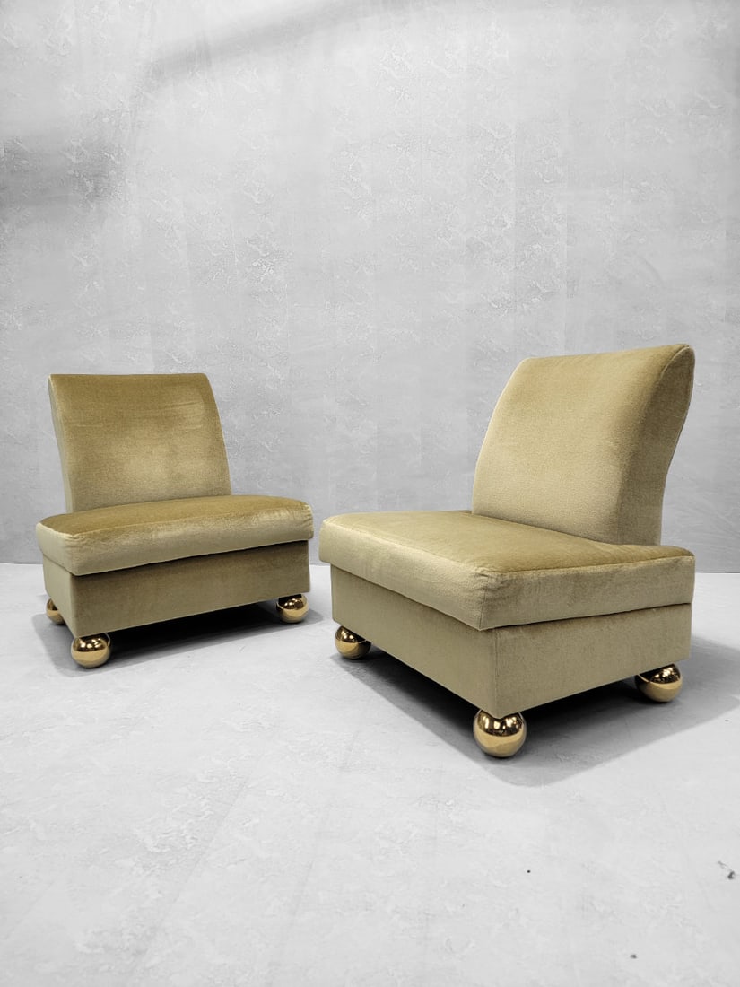 Vintage Gold Mohair Slipper Chairs with Brass Ball Feet - Set of 4 - 8