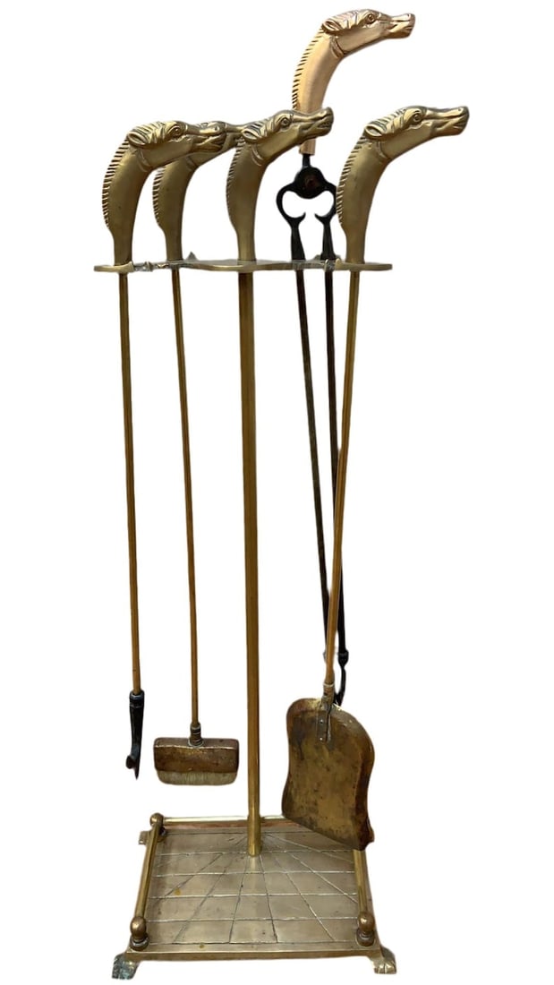 Vintage French Neoclassical Style Brass Horses Head Fireplace Tools (1 of 7)