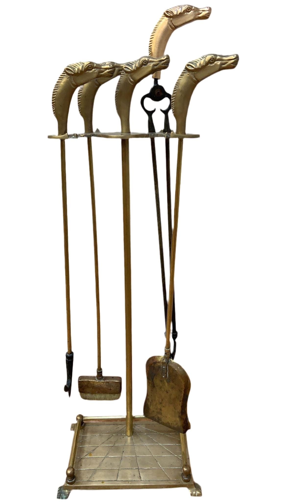 Vintage French Neoclassical Style Brass Horses Head Fireplace Tools - 2