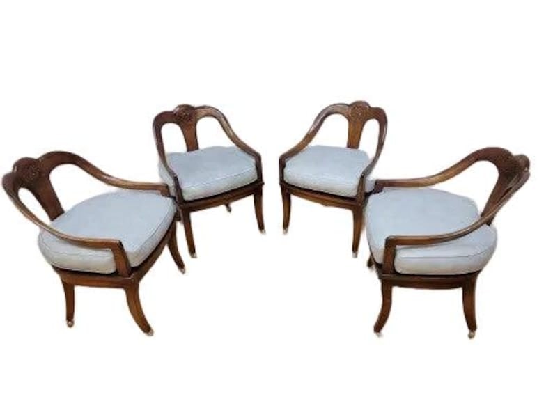 Vintage Regency Neoclassical Style Klismos Style Walnut Chairs - 4: Title: Vintage Regency Neoclassical Style Klismos Style Walnut Chairs - 4 Description: .Vintage Regency Neoclassical Style Klismos Style Walnut Chairs - Set of 4 Elegant vintage armchair crafted in th