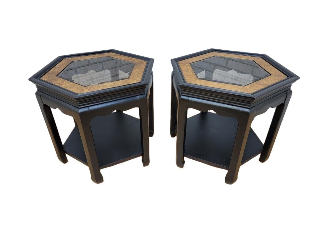 Hollywood Regency Chinoiserie Style Ebonized and Burl Side Tables - Pair - 2