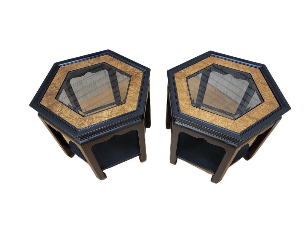 Hollywood Regency Chinoiserie Style Ebonized and Burl Side Tables - Pair - 3