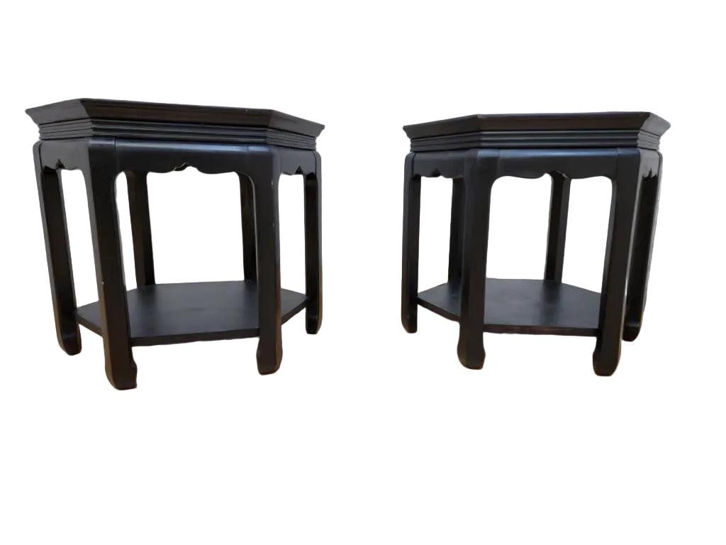 Hollywood Regency Chinoiserie Style Ebonized and Burl Side Tables - Pair - 4