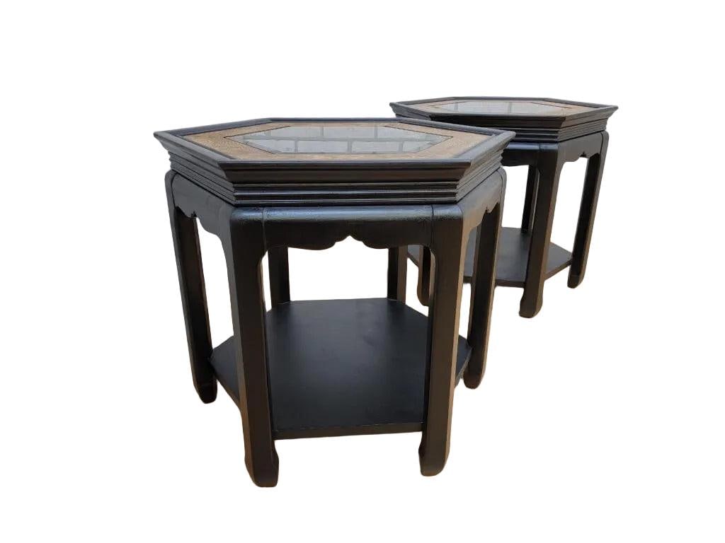 Hollywood Regency Chinoiserie Style Ebonized and Burl Side Tables - Pair - 5