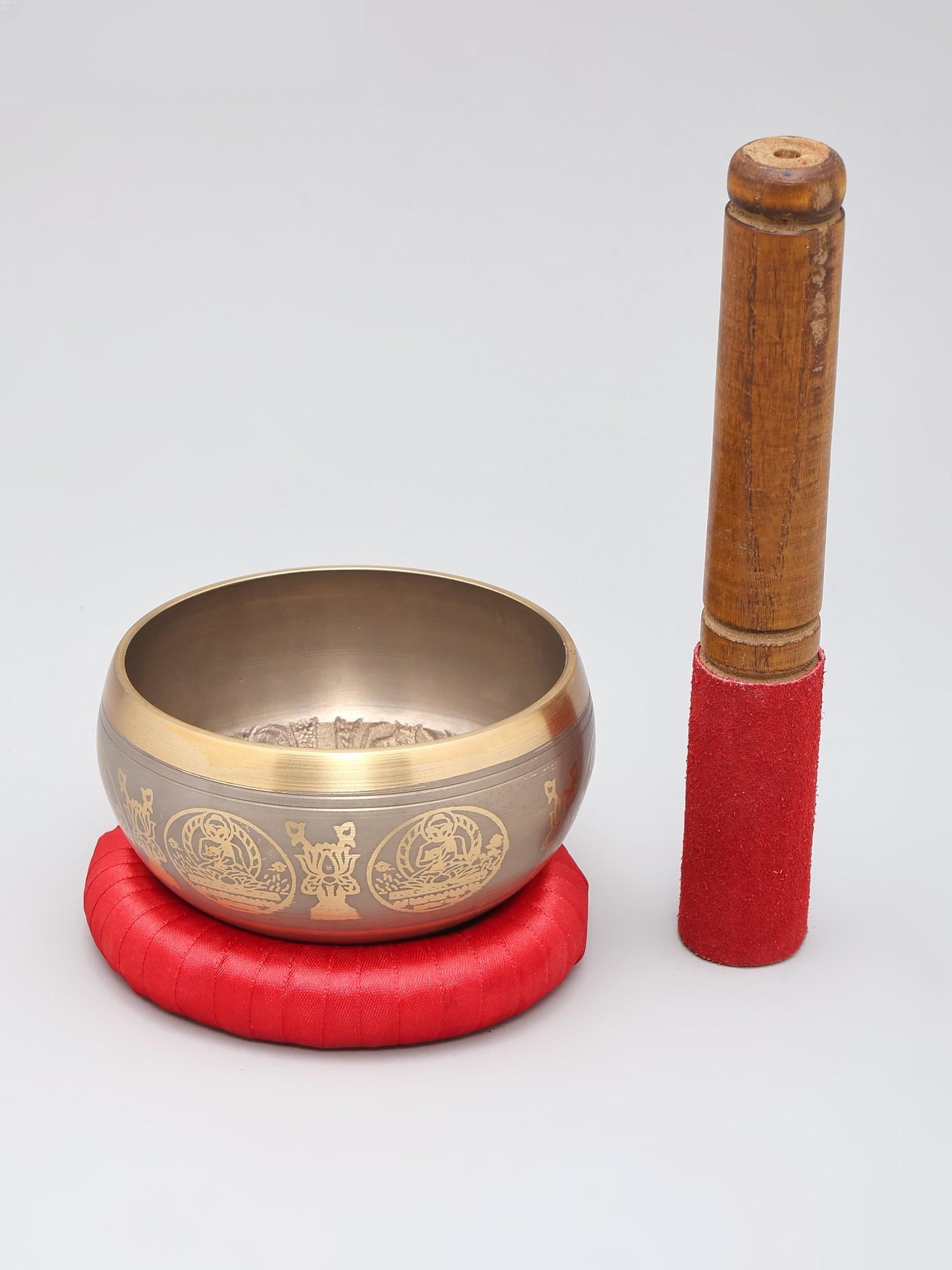 4" Bronze Singing Bowl with Bhumisparsha Buddha | Handmade | Made in India - 2