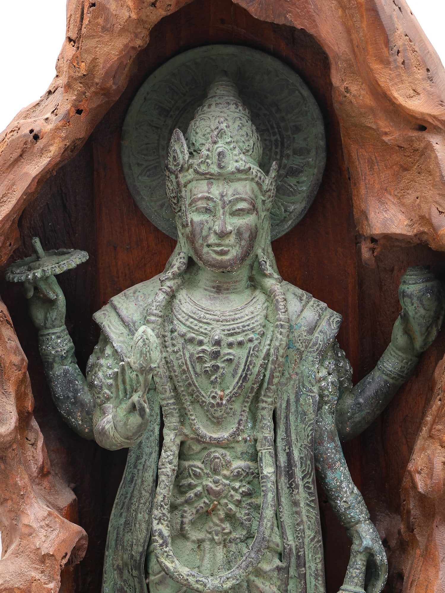 28" Standing Brass Lord Vishnu in Hand-Carved Wooden Grotto - 2