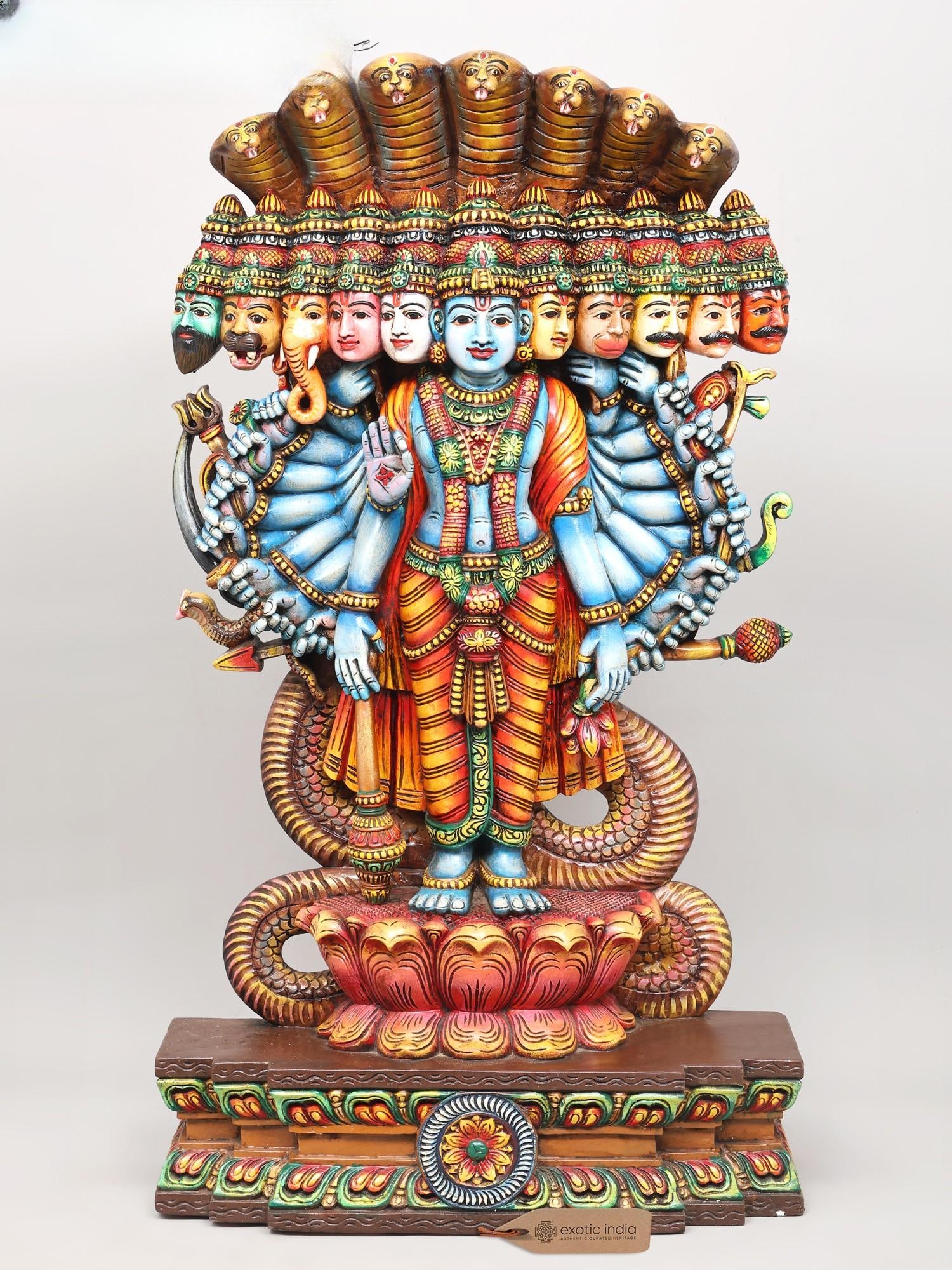 42" Vishwarupa Darshan: The Cosmic Form of Lord Vishnu | Hand-Painted Large Wood Carved Sculpture (1 of 2)