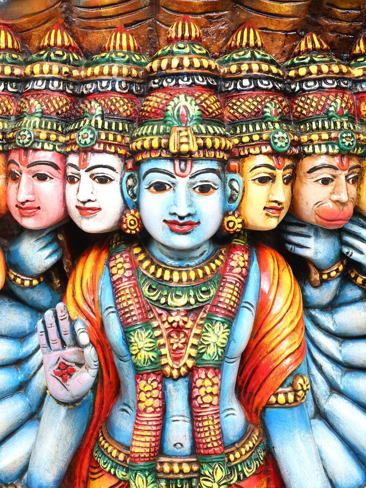 42" Vishwarupa Darshan: The Cosmic Form of Lord Vishnu | Hand-Painted Large Wood Carved Sculpture - 2