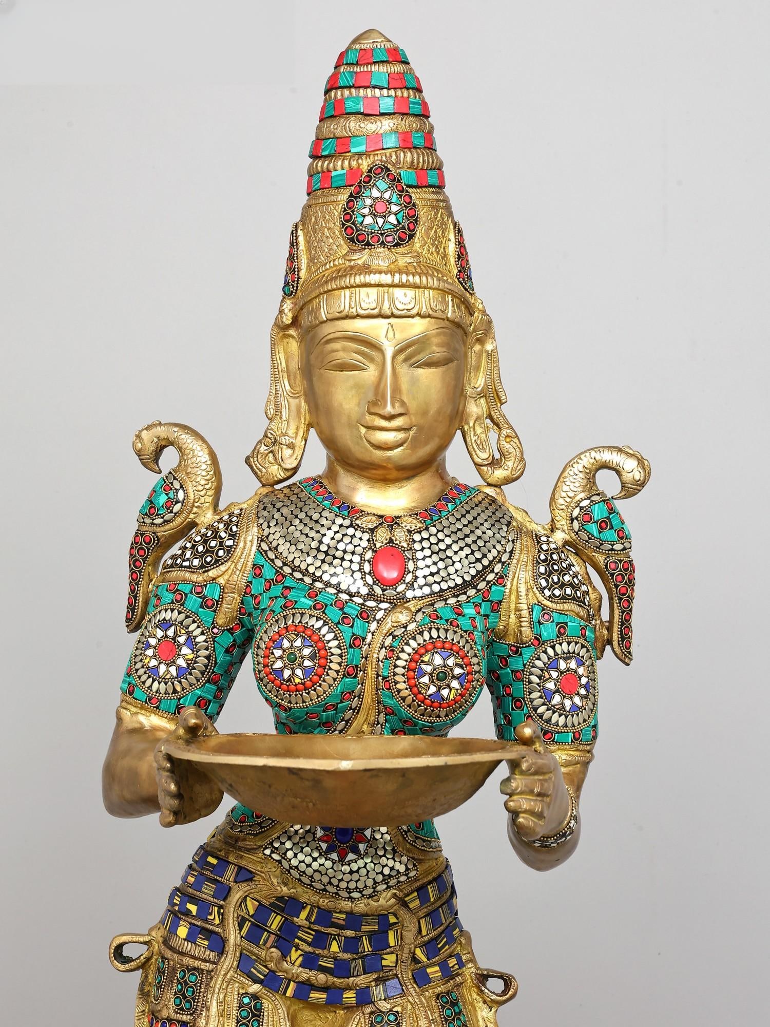 48" Large Standing Deep Lakshmi | Brass Statue with Inlay Work - 2