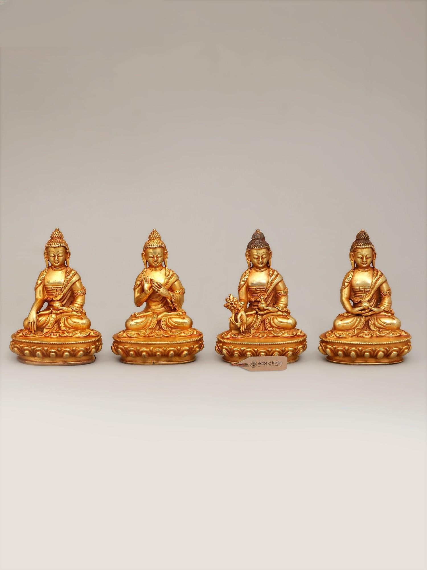 3" Small Set of Four Buddha in Different Mudras | Copper Statues (1 of 2)