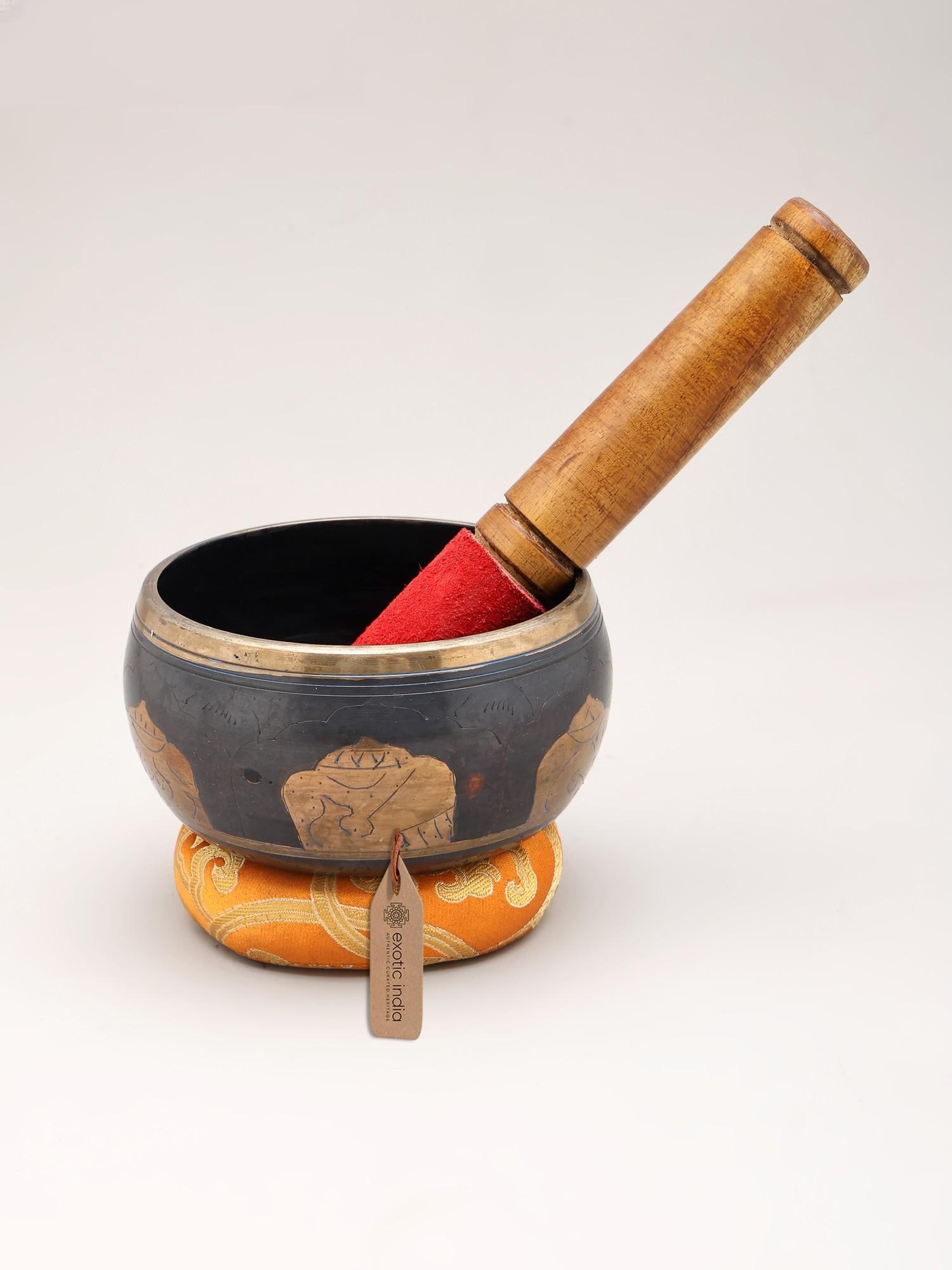 4" Black Tibetan Singing Bowl with Five Dhyani Buddhas Engraving - Sacred Meditation & Sound Healing: Title: 4" Black Tibetan Singing Bowl with Five Dhyani Buddhas Engraving - Sacred Meditation & Sound Healing Reserve: $47.00 Shipping: Domestic: Shipping rates are determined by destination Internation