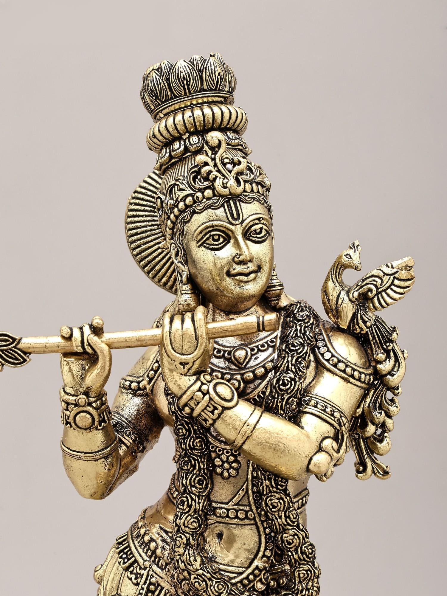 15" Superfine Fluting Lord Krishna | Brass Statue on Wood Base - 2