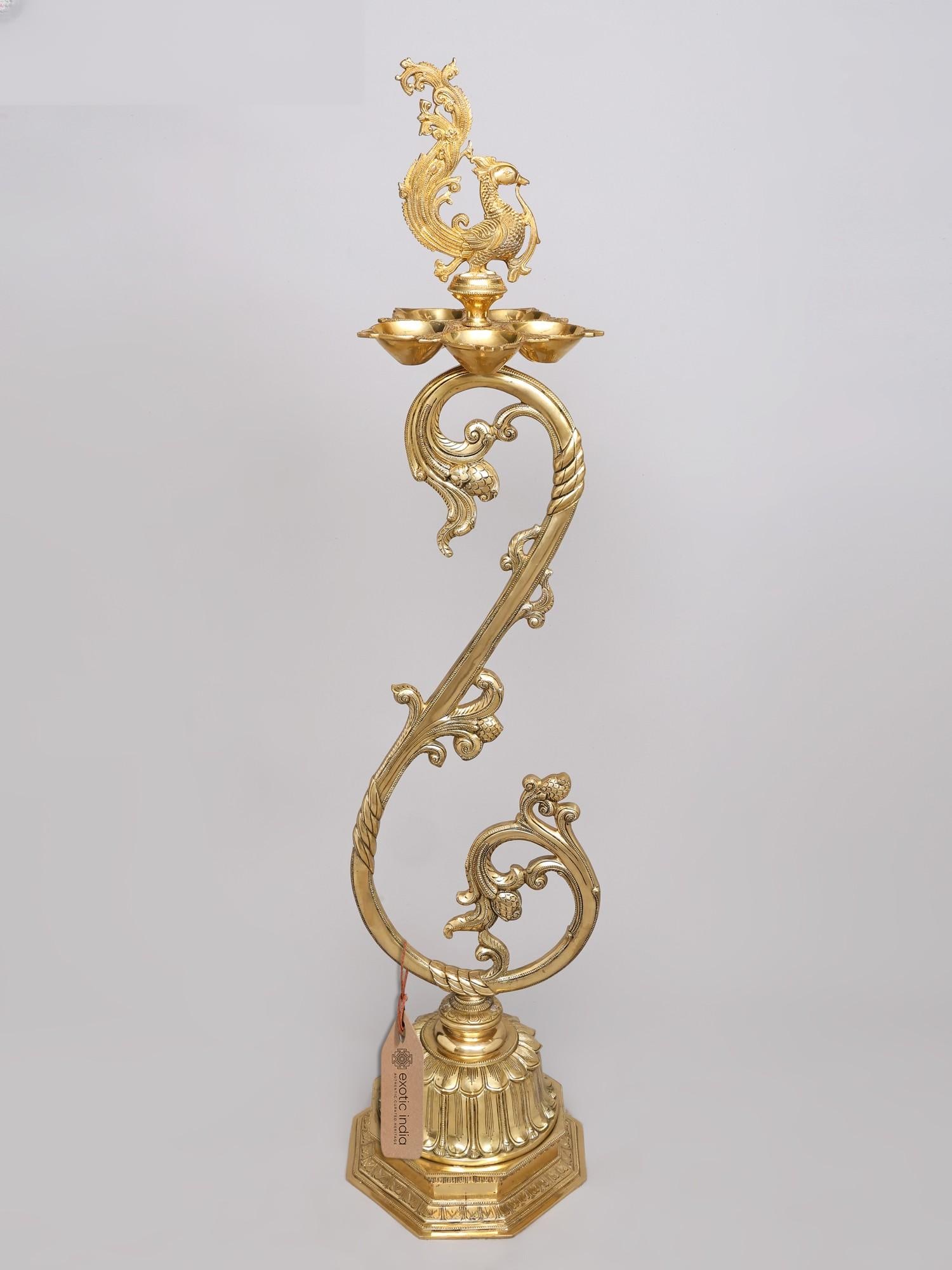 57" Large Designer Brass Peacock Lamp with Stand | Handcrafted Temple Decor - 2