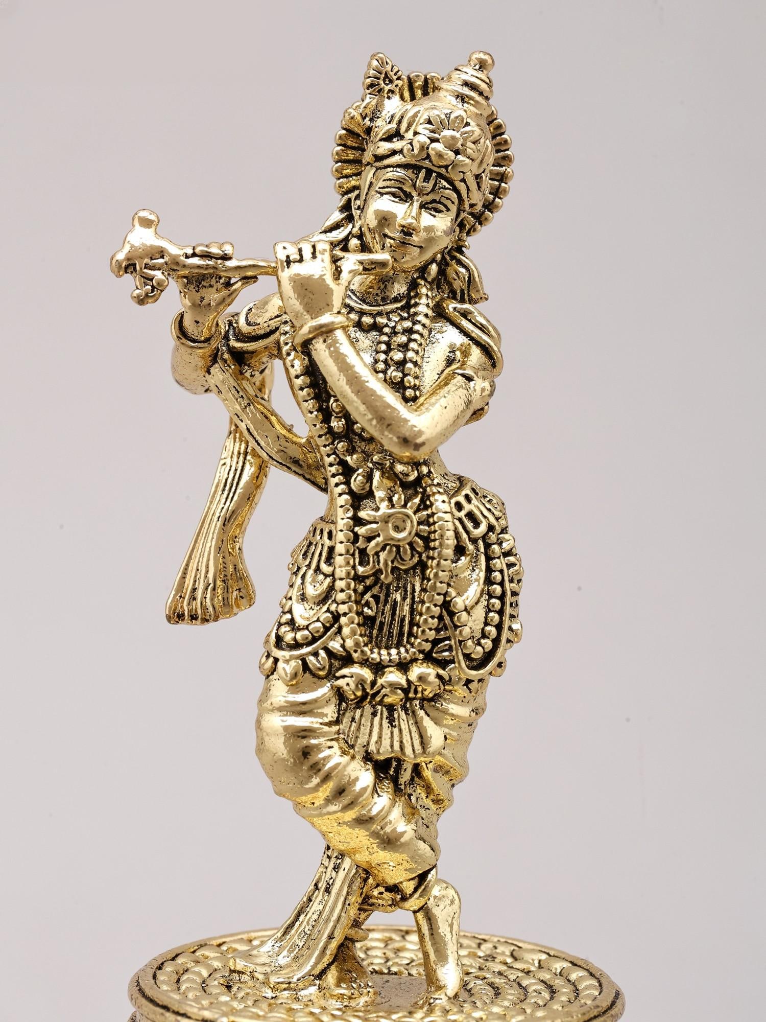 4" Small Brass Superfine Fluting Lord Krishna on Green Aventurine Gemstone Base - 2