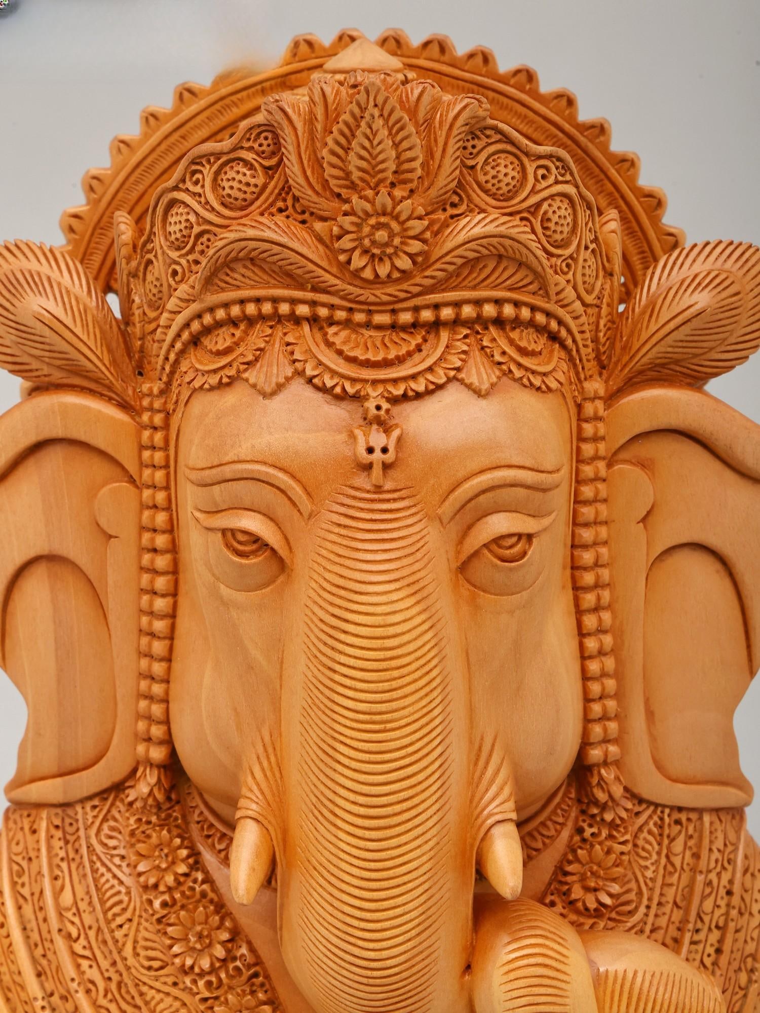 8" Lord Ganesha Bust | Wood Carved Statue - 2
