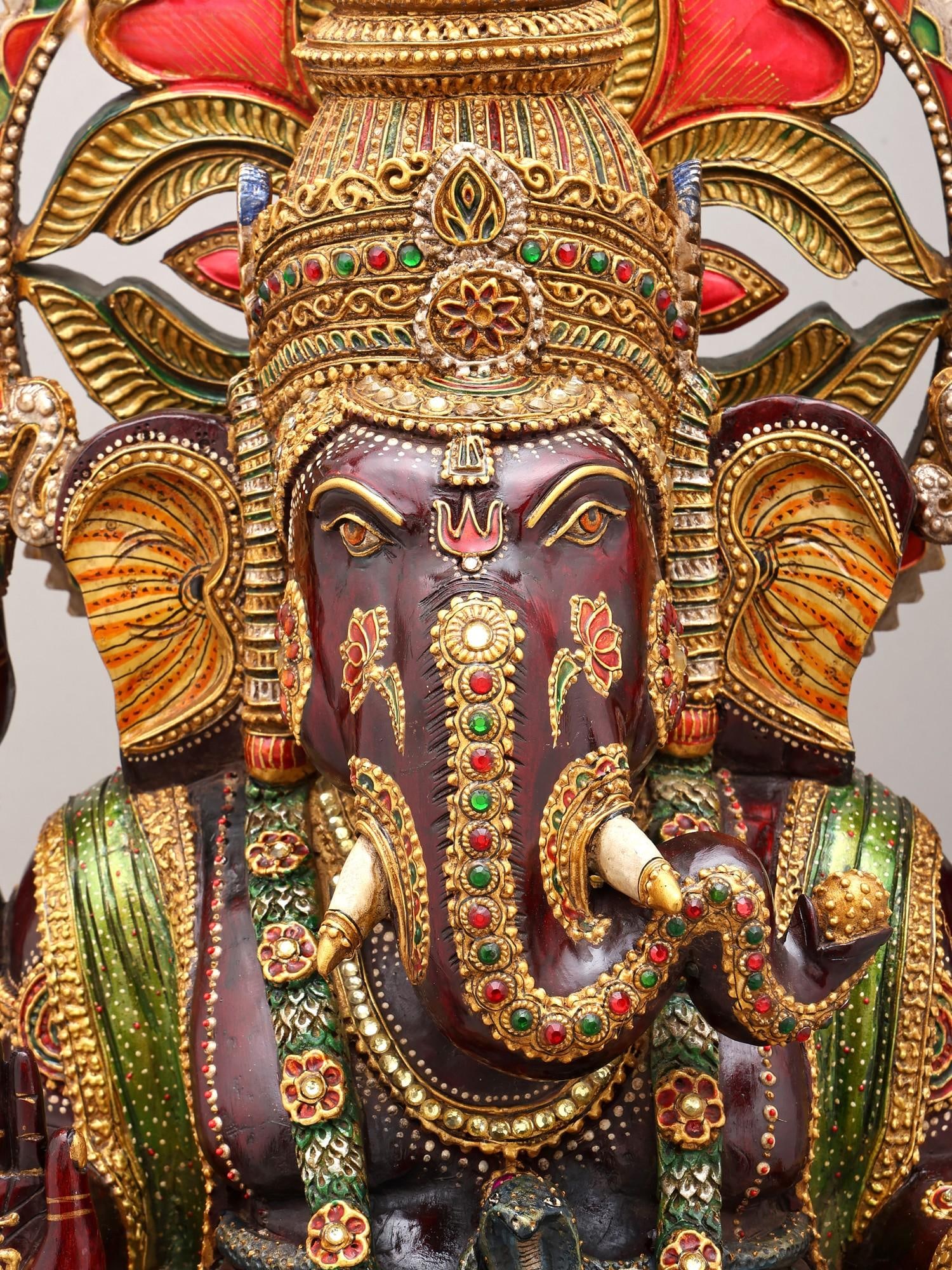 24" Shri Ganapati Maharaj - The Lord of Wisdom & Abundance | Wood Carved Statue with Elegant Stone - 2