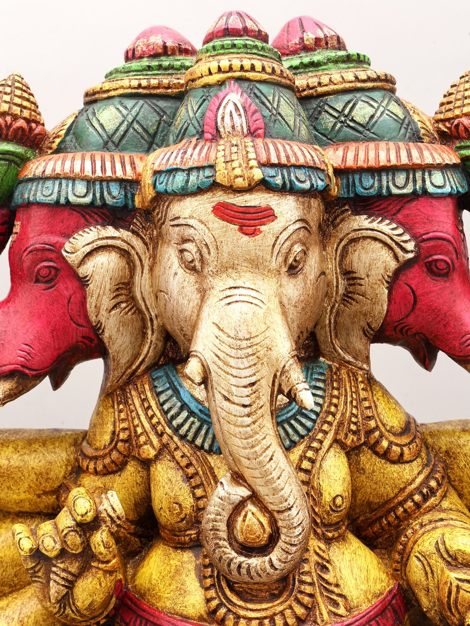 24" Eight Armed and Three Headed Lord Ganesha Seated on Lotus | Wood Carving - 2