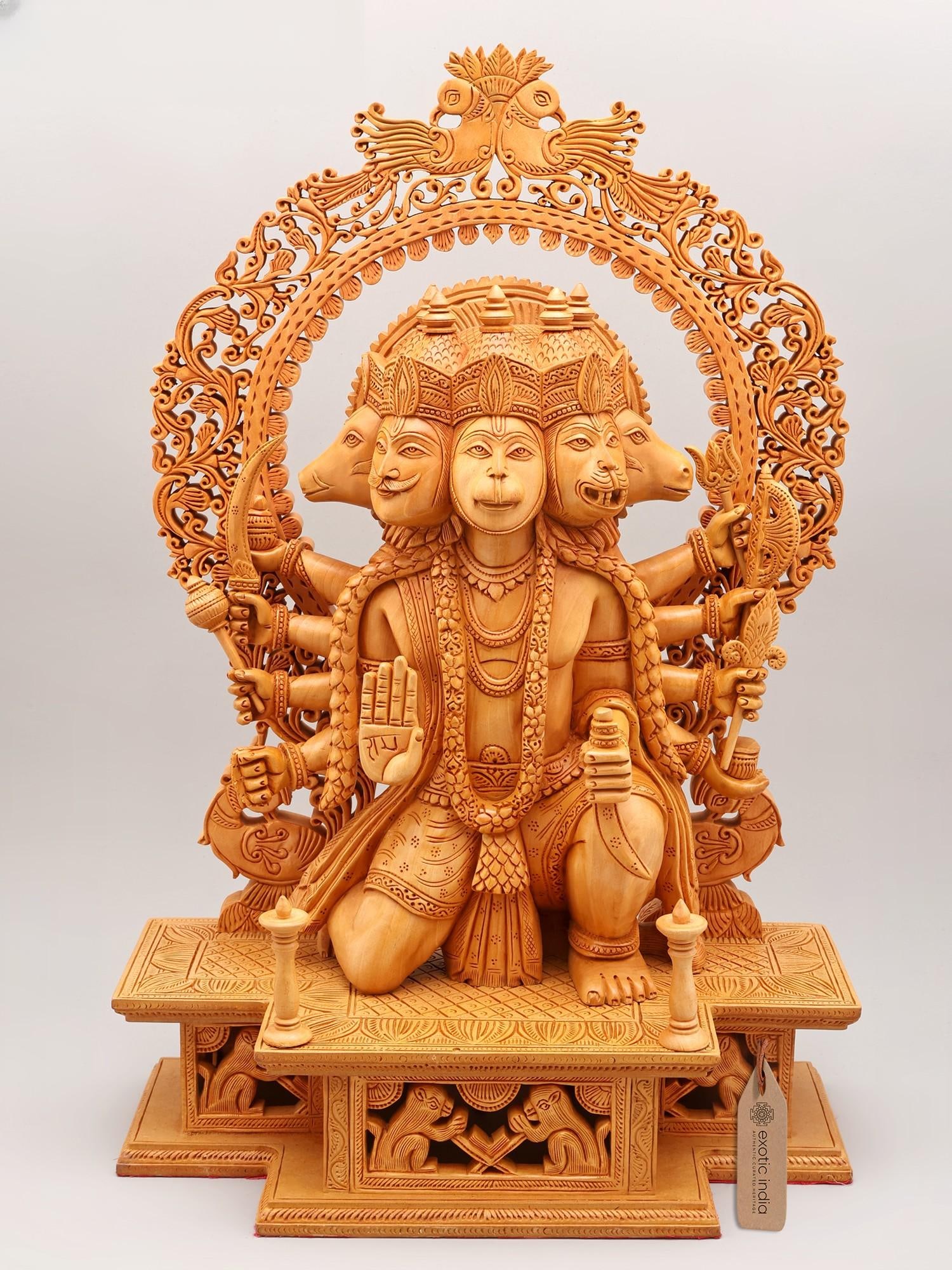 24" Panchamukhi Hanuman Statue with Beautifully Carved Prabhavali | Wood Carved Sculpture: Title: 24" Panchamukhi Hanuman Statue with Beautifully Carved Prabhavali | Wood Carved Sculpture Reserve: $926.00 Shipping: Domestic: Shipping rates are determined by destination International: Foreig