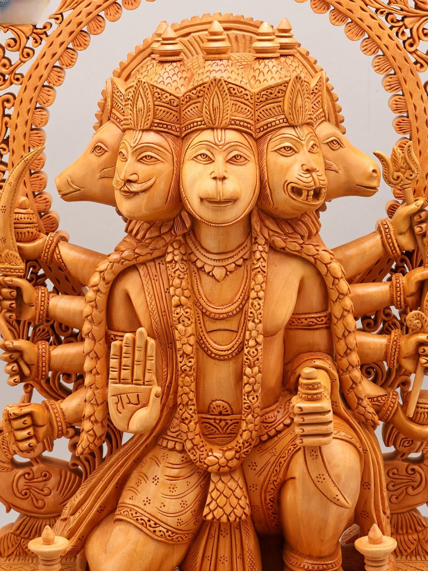 24" Panchamukhi Hanuman Statue with Beautifully Carved Prabhavali | Wood Carved Sculpture - 2