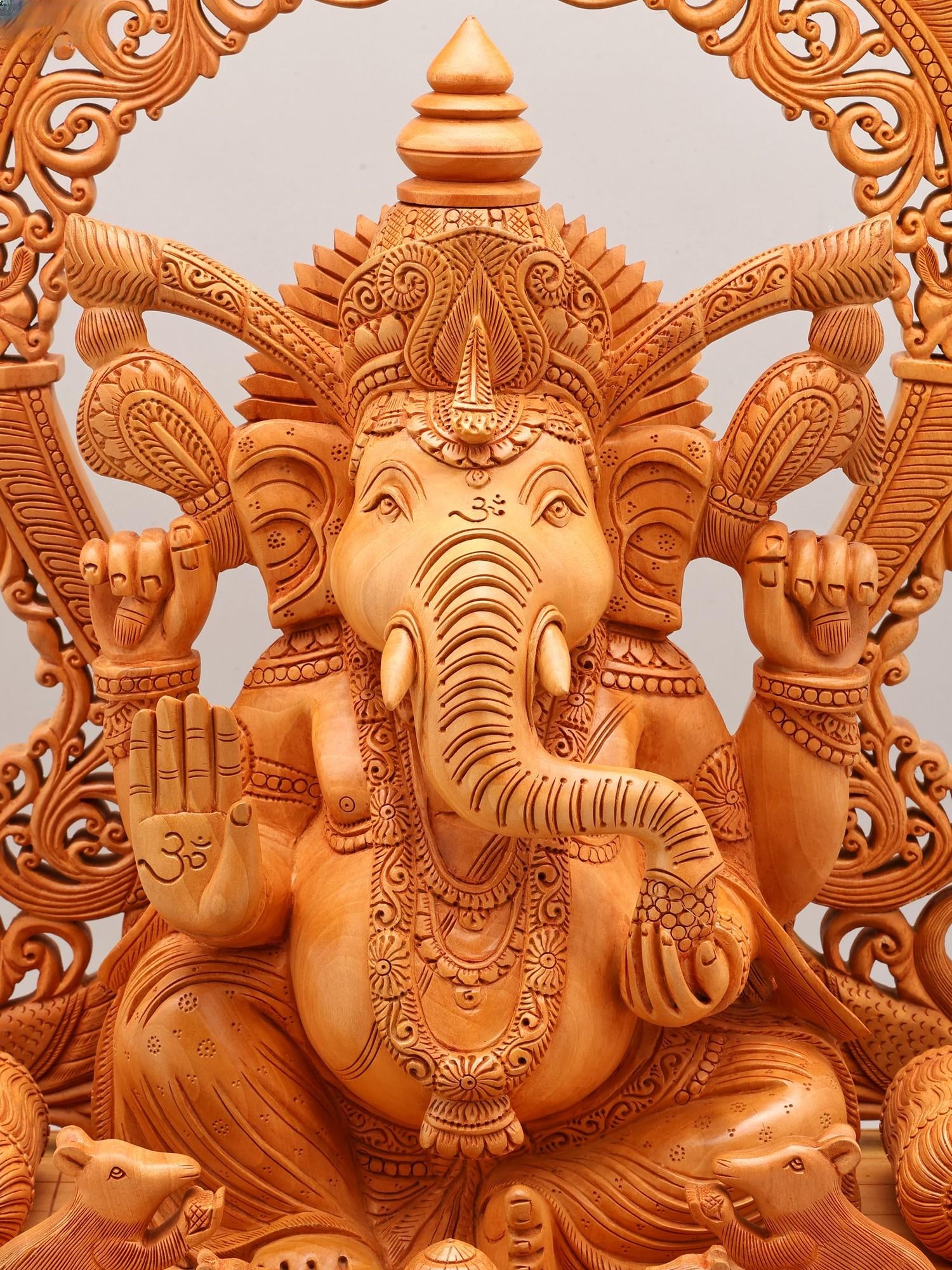 24" Divine Lord Ganesha Idol with Intricately Beautifully Carved Prabhavali & Ornate Base - 2