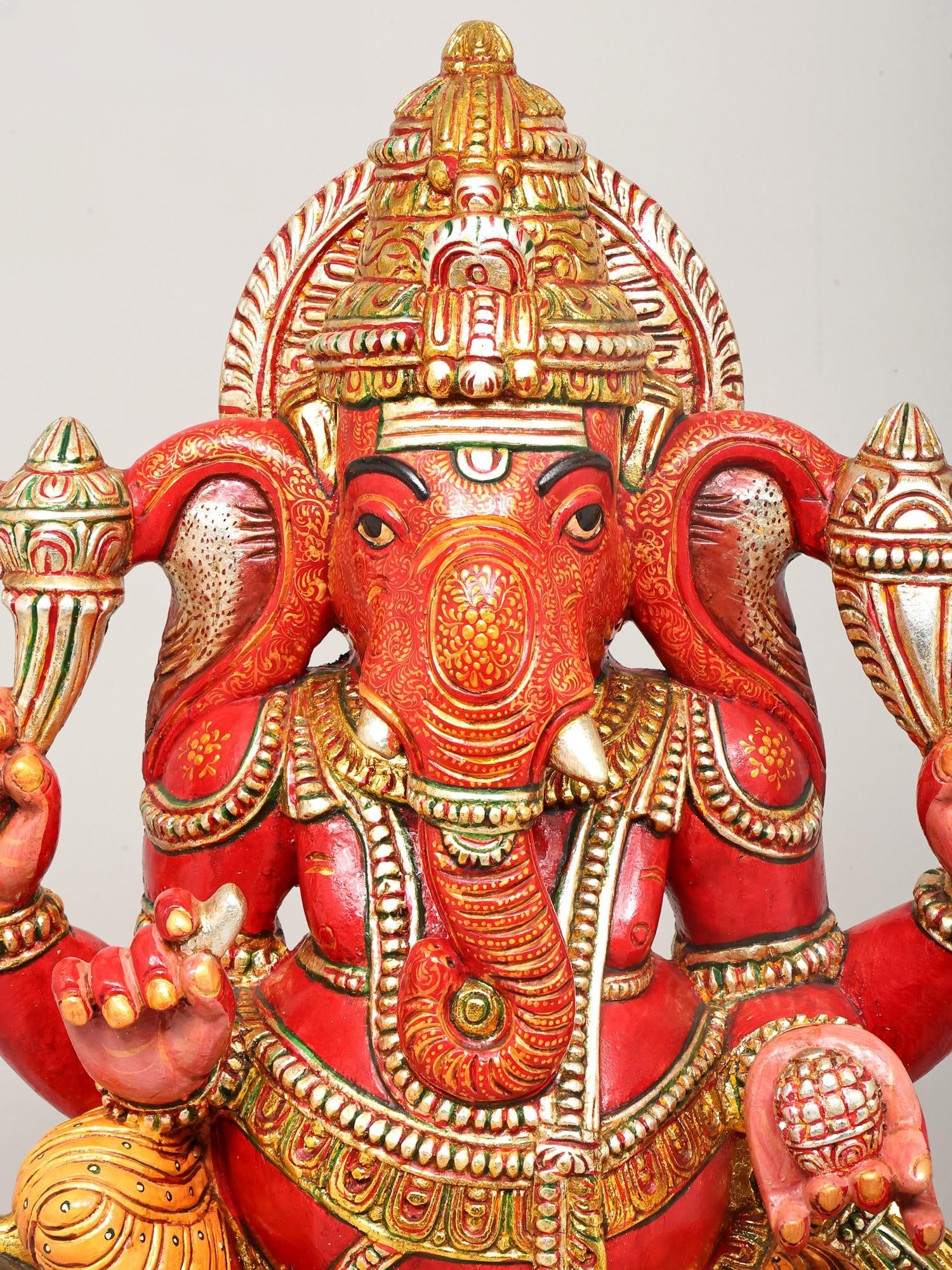 36" Large Chaturbhuja Lord Ganesha Riding on Mushak | Wood Carved Colorful Statue - 2