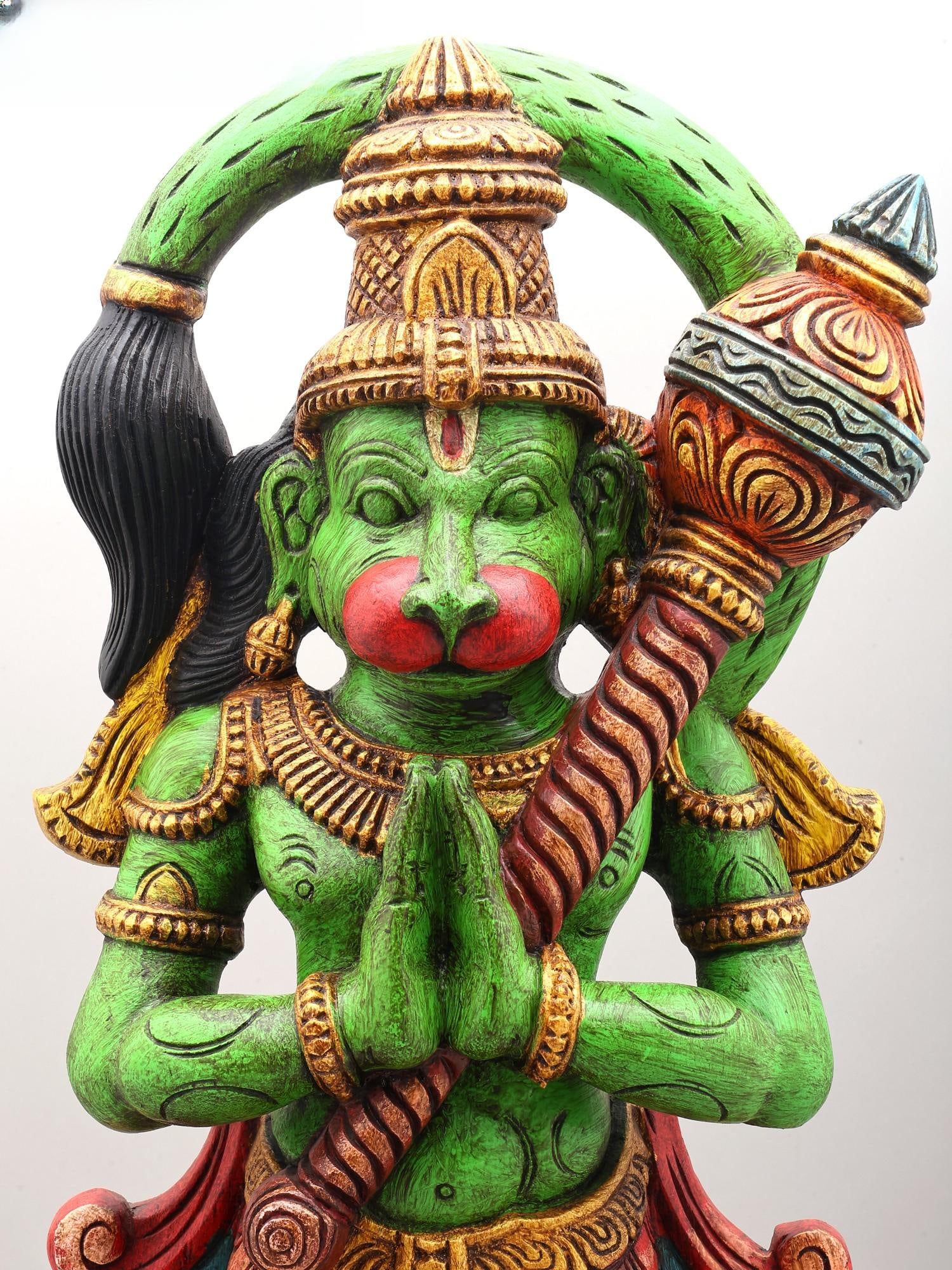 31" Large Green Color Standing Lord Hanuman | Wood Carving - 2