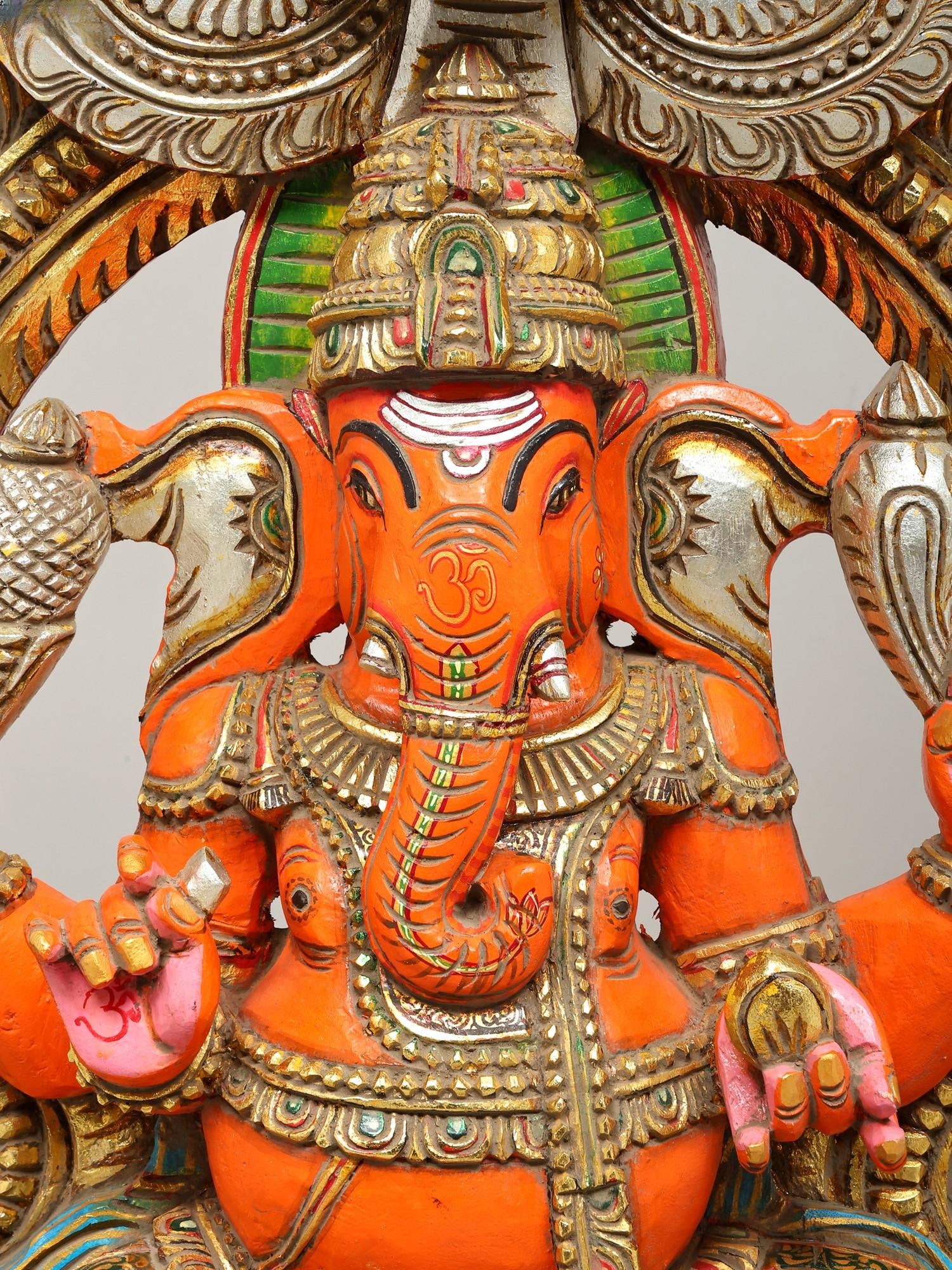36" Large Sindoori Lord Ganesha Seated on Kirtimukha Throne | Wood Carving - 2