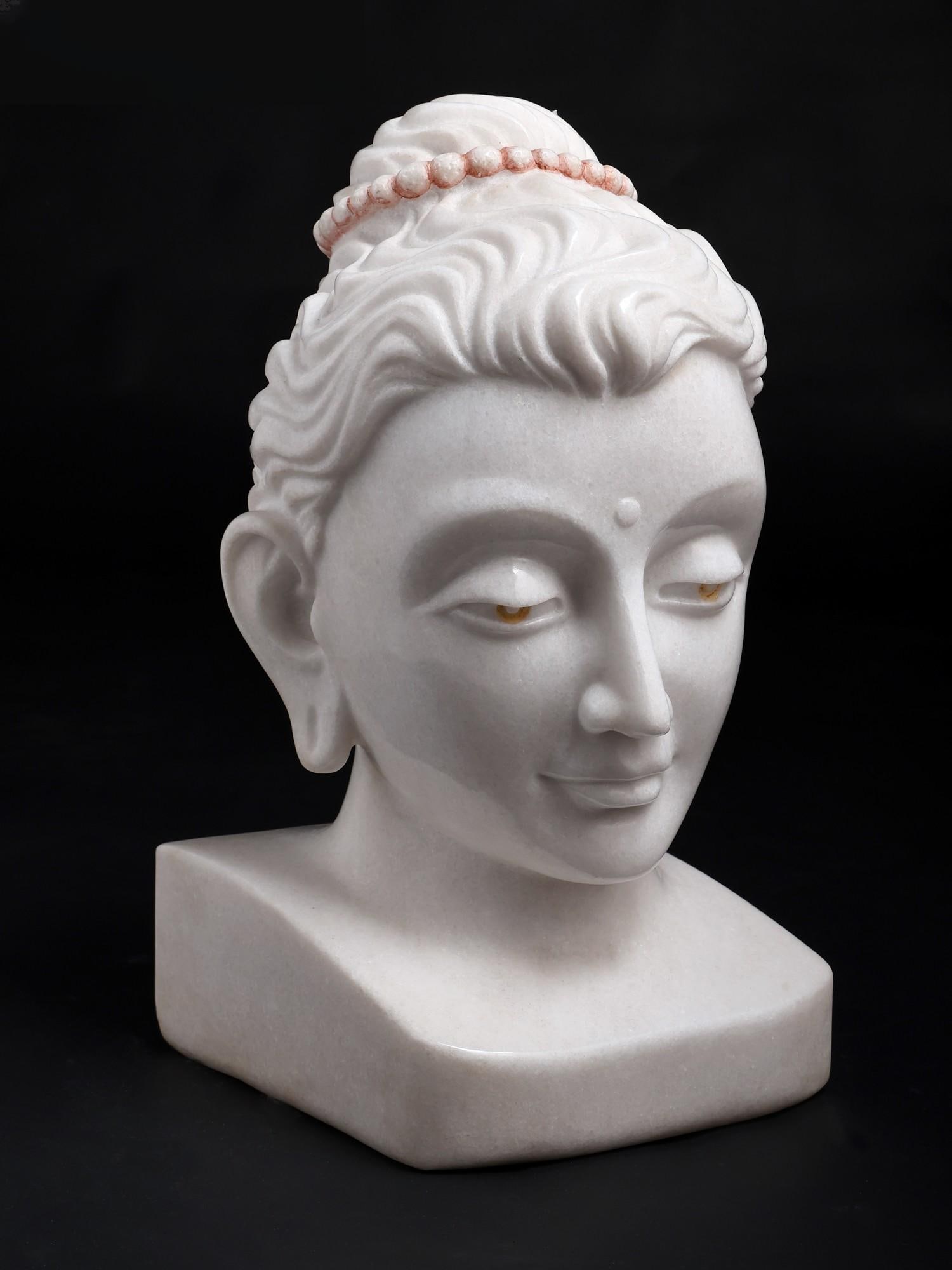 15" White Marble Buddha Head Sculpture - 2