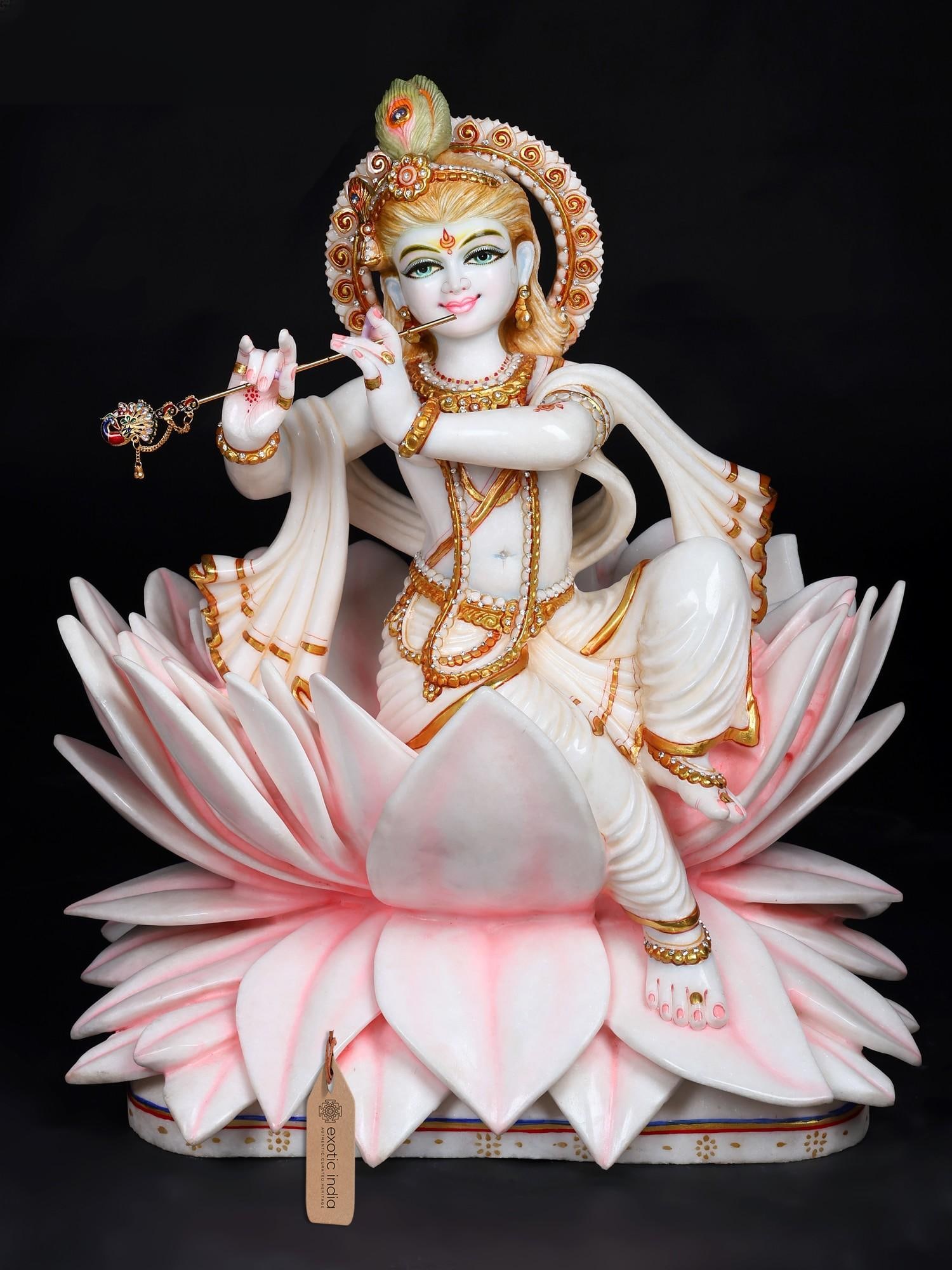 24" Celestial Murli Manohar Krishna Seated on Lotus | Exquisite Hand-Carved Marble Sculpture: Title: 24" Celestial Murli Manohar Krishna Seated on Lotus | Exquisite Hand-Carved Marble Sculpture Description: Reserve: $3,100.00 Shipping: Domestic: Shipping rates are determined by destination Int