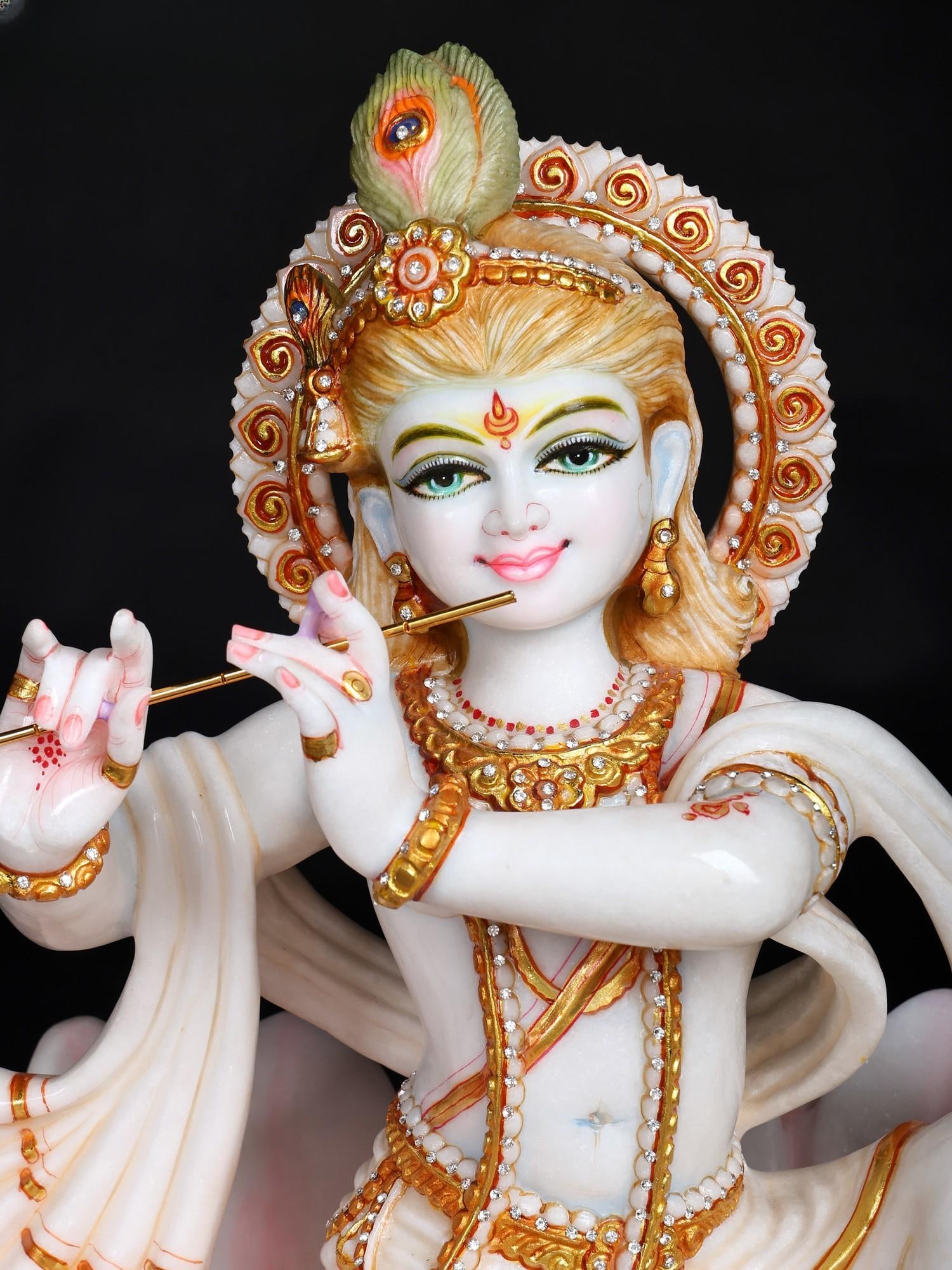 24" Celestial Murli Manohar Krishna Seated on Lotus | Exquisite Hand-Carved Marble Sculpture - 2