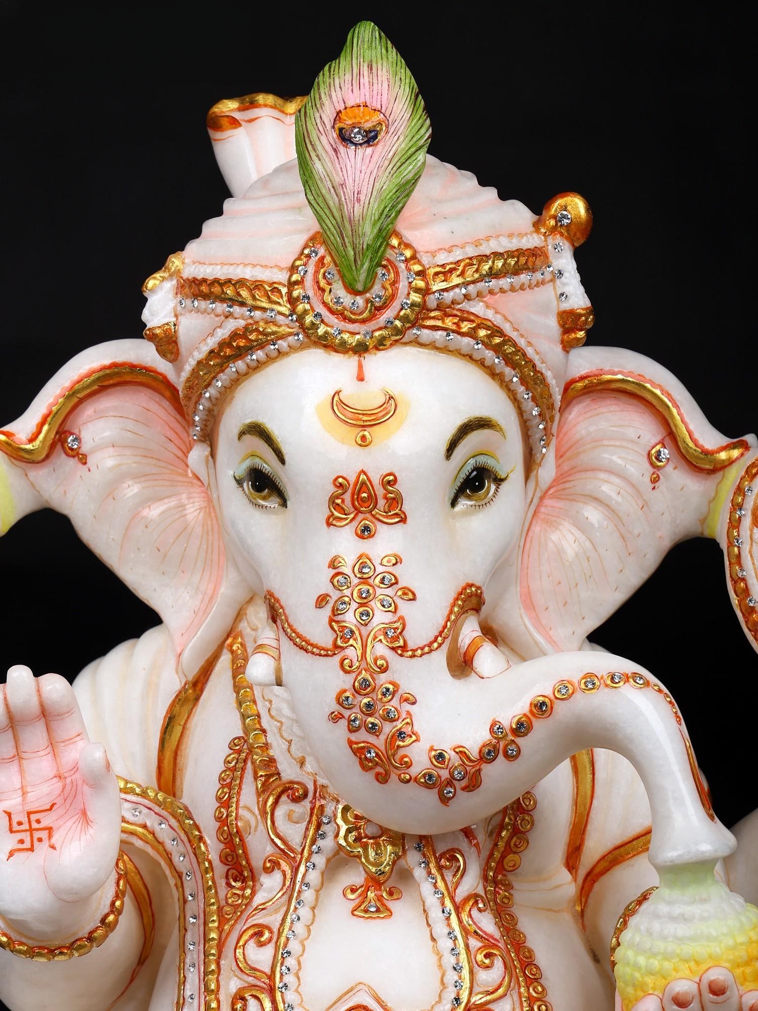 24" Blessing Turbaned (Pagadi) Ganesha | White Marble Statue - 2