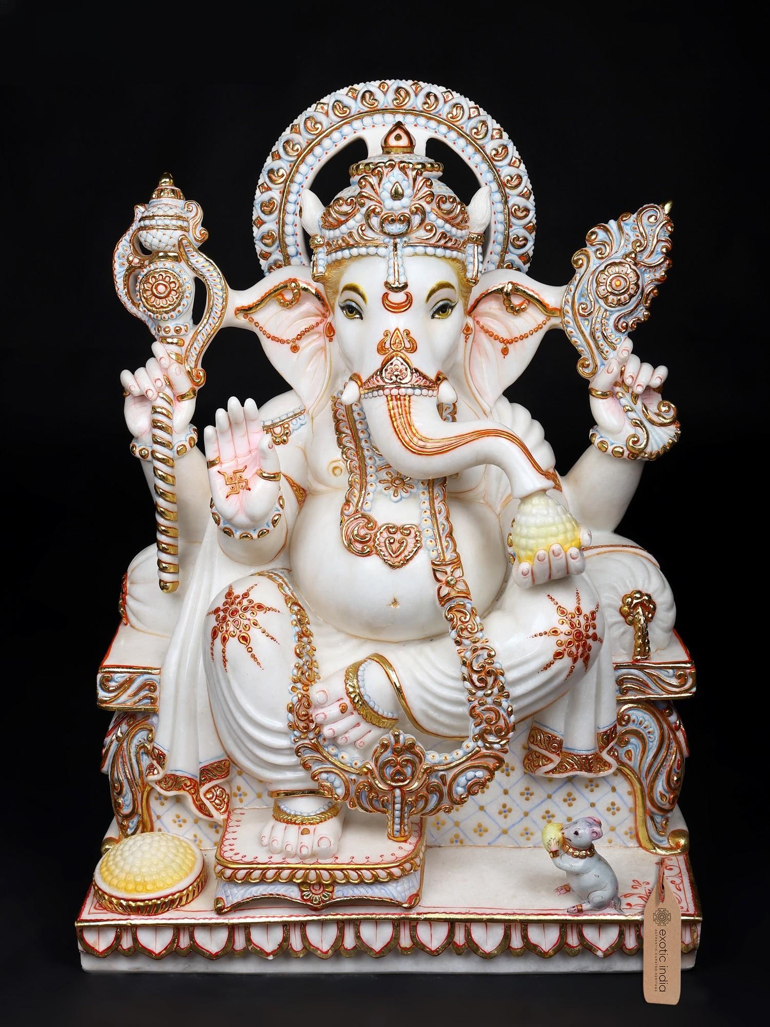 Two-Tusked Blessing Ganesha in Lalitasana | White Marble Statue: Title: Two-Tusked Blessing Ganesha in Lalitasana | White Marble Statue Description: Reserve: $4,135.00 Shipping: Domestic: Shipping rates are determined by destination International: Foreign shipping 
