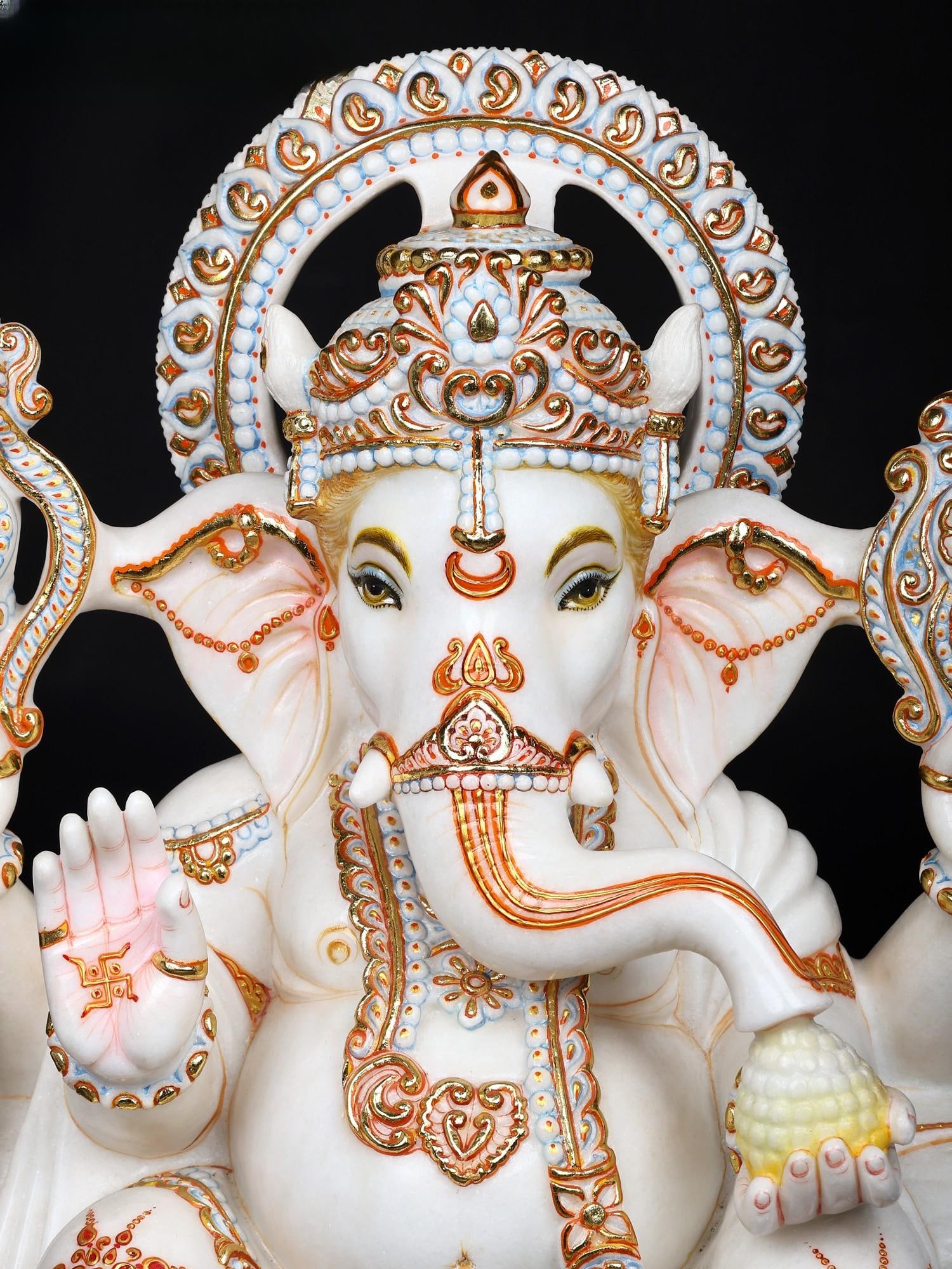 Two-Tusked Blessing Ganesha in Lalitasana | White Marble Statue - 2