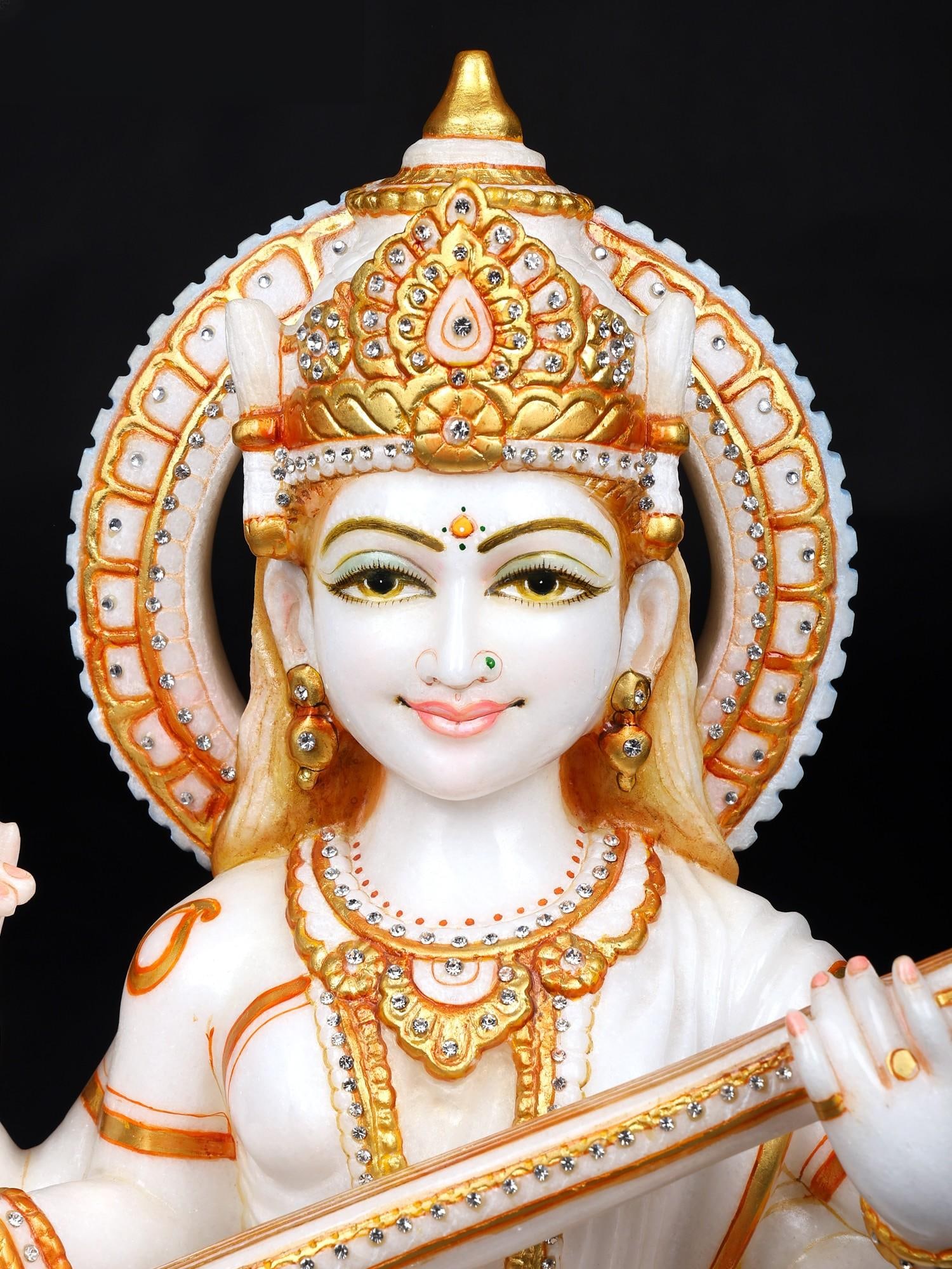 24" Gyan Dayani Devi Maa Saraswati Seated on Lotus | White Marble Statue - 2