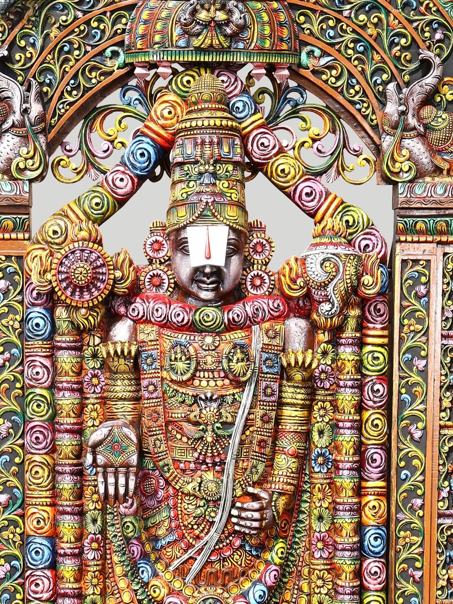 12 Feet High Lord Tirupati Balaji (Venkateshwara) with Kirtimukha Arch | Handmade Wood Sculpture - 2