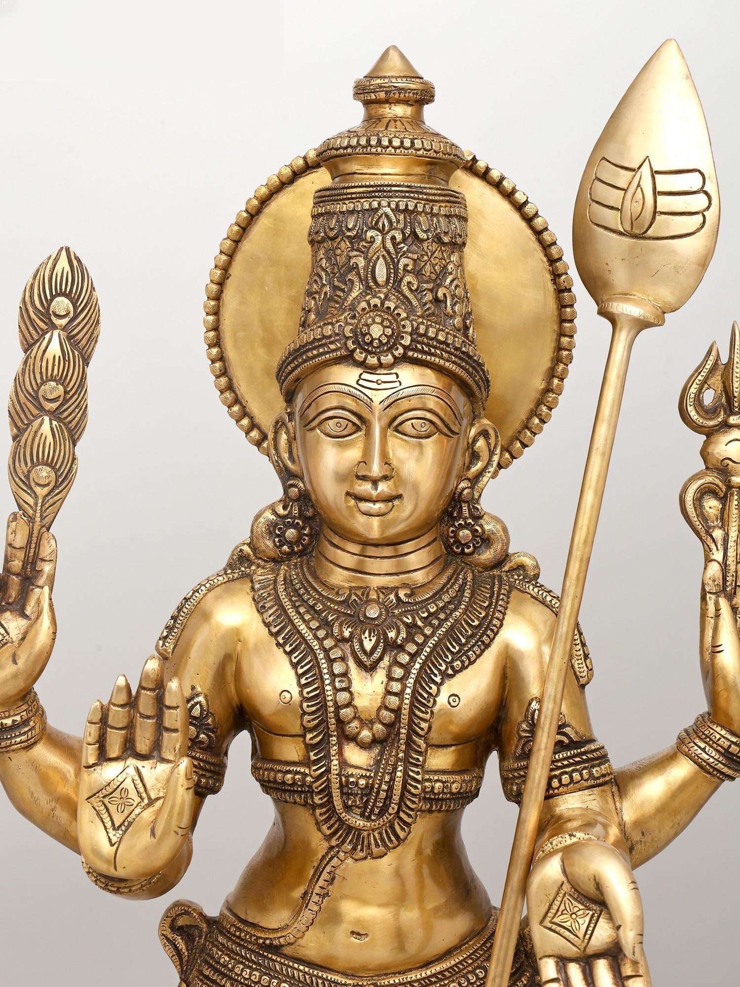 48" Large Four Armed Standing Lord Murugan in Blessing Gesture | Brass Statue - 2