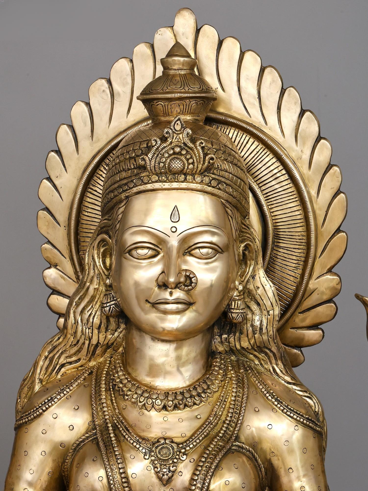 62" Large Four Armed Goddess Lakshmi Seated on Lotus Pedestal | Brass Sculpture - 2