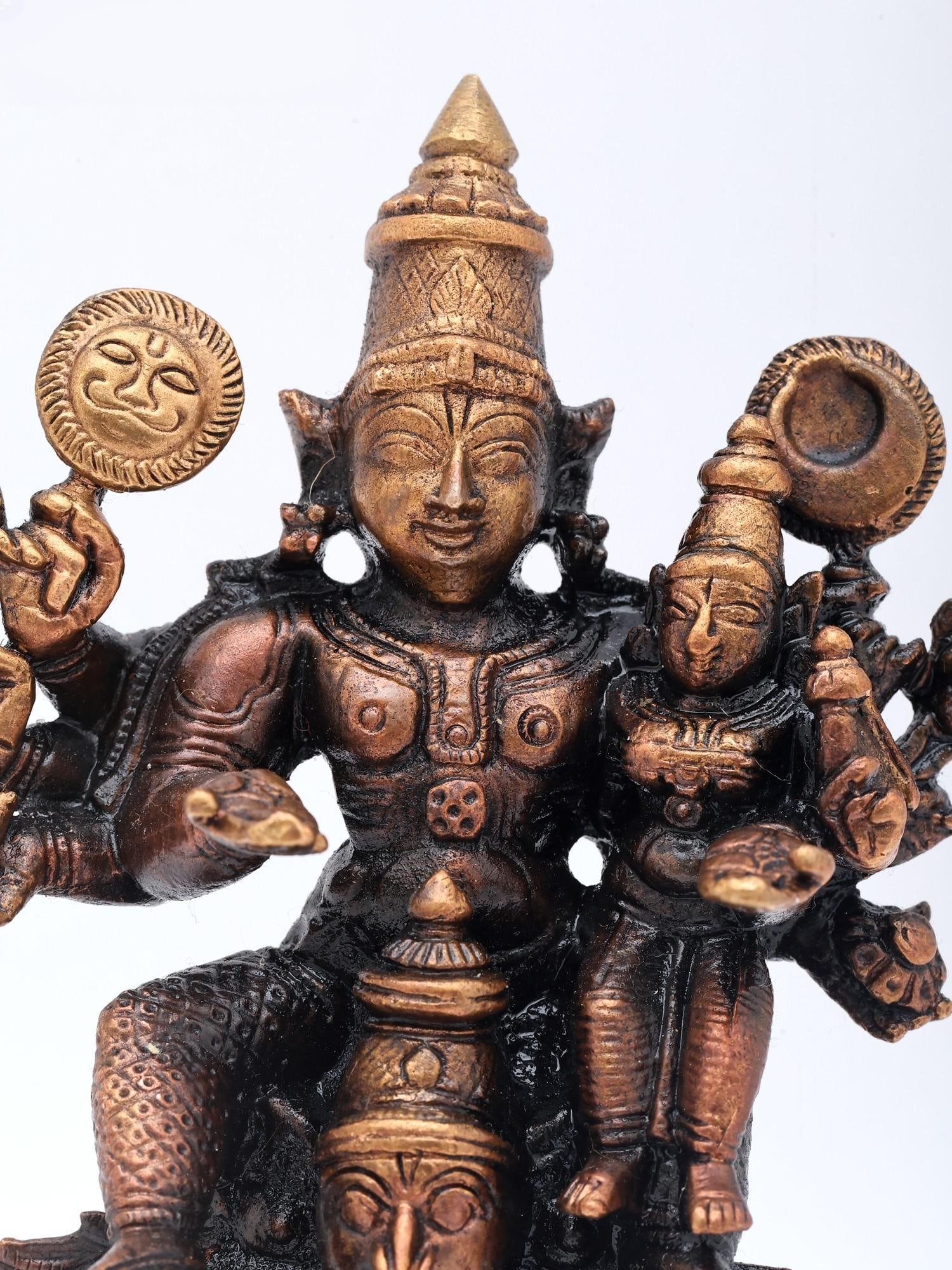 5" Small Lord Vishnu and Goddess Lakshmi Seated on Divine Vehicle Garuda | Copper Statue | Made in - 2