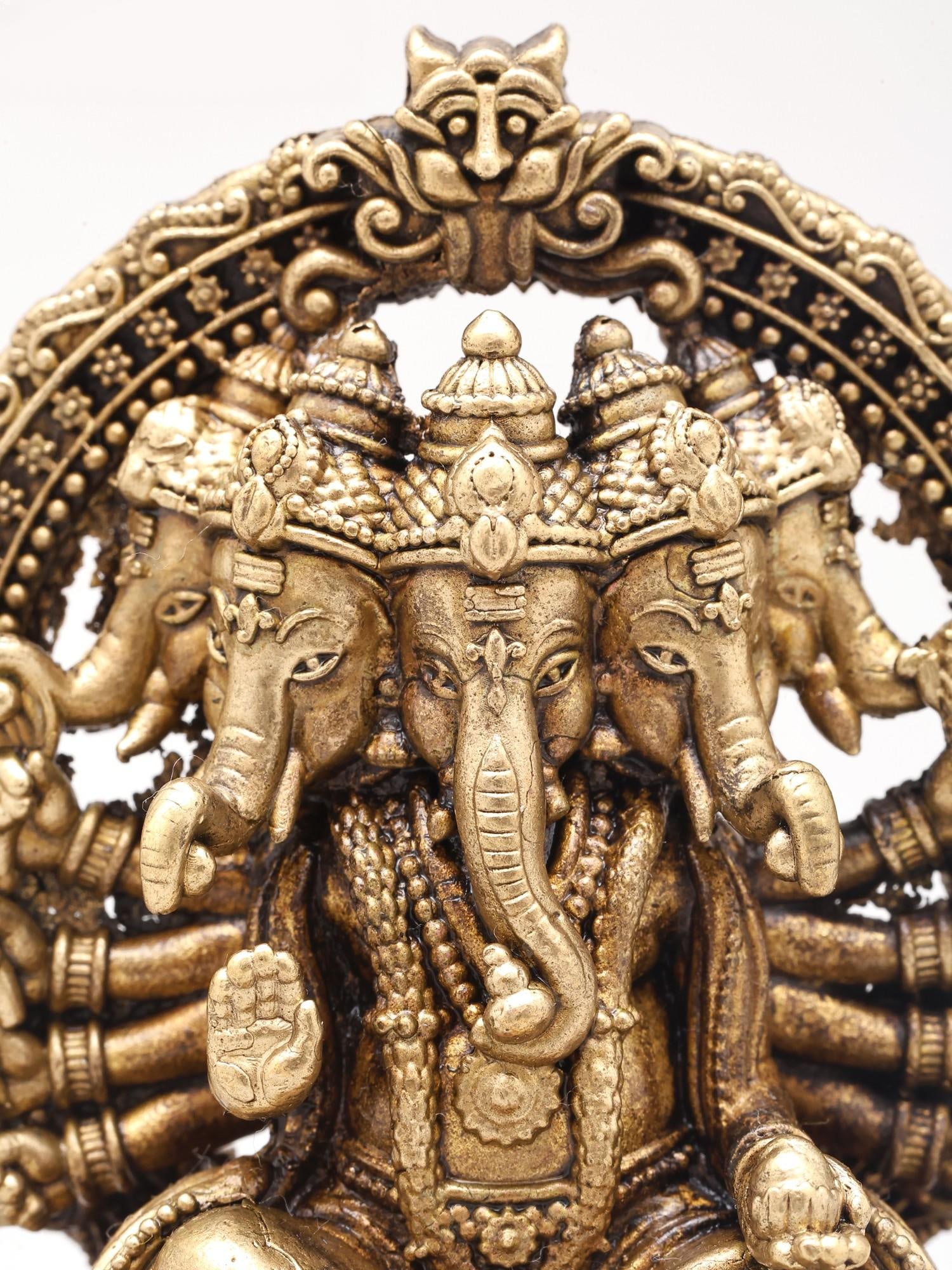 3" Small Ashtabhuja Lord Ganesha with Five Heads Seated on Kirtimukha Throne | Copper Statue | Made - 2