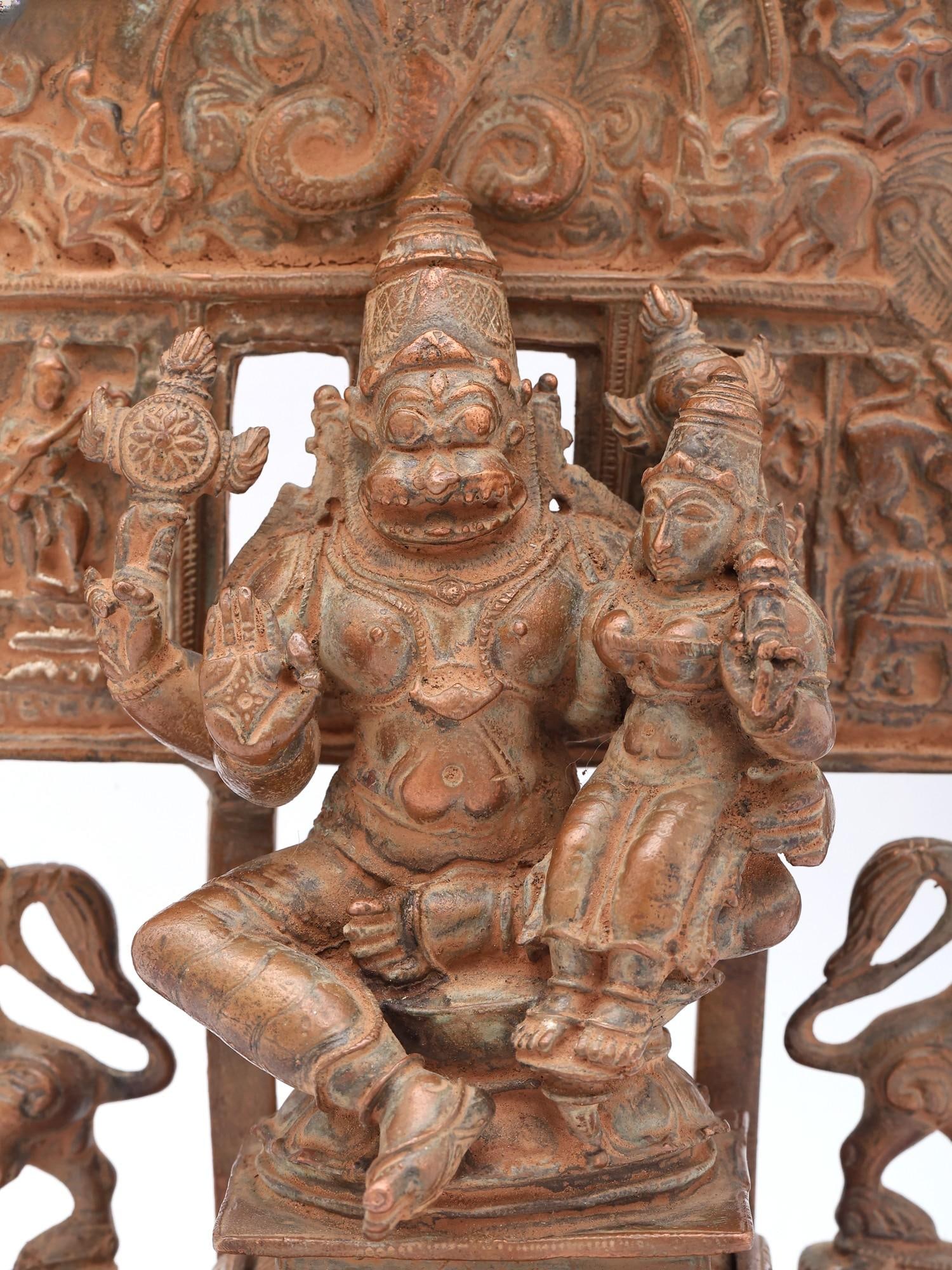 9" Lord Narasimha Seated on Kirtimukha Prabhavali with Goddess Lakshmi | Copper Statue | Made in - 2