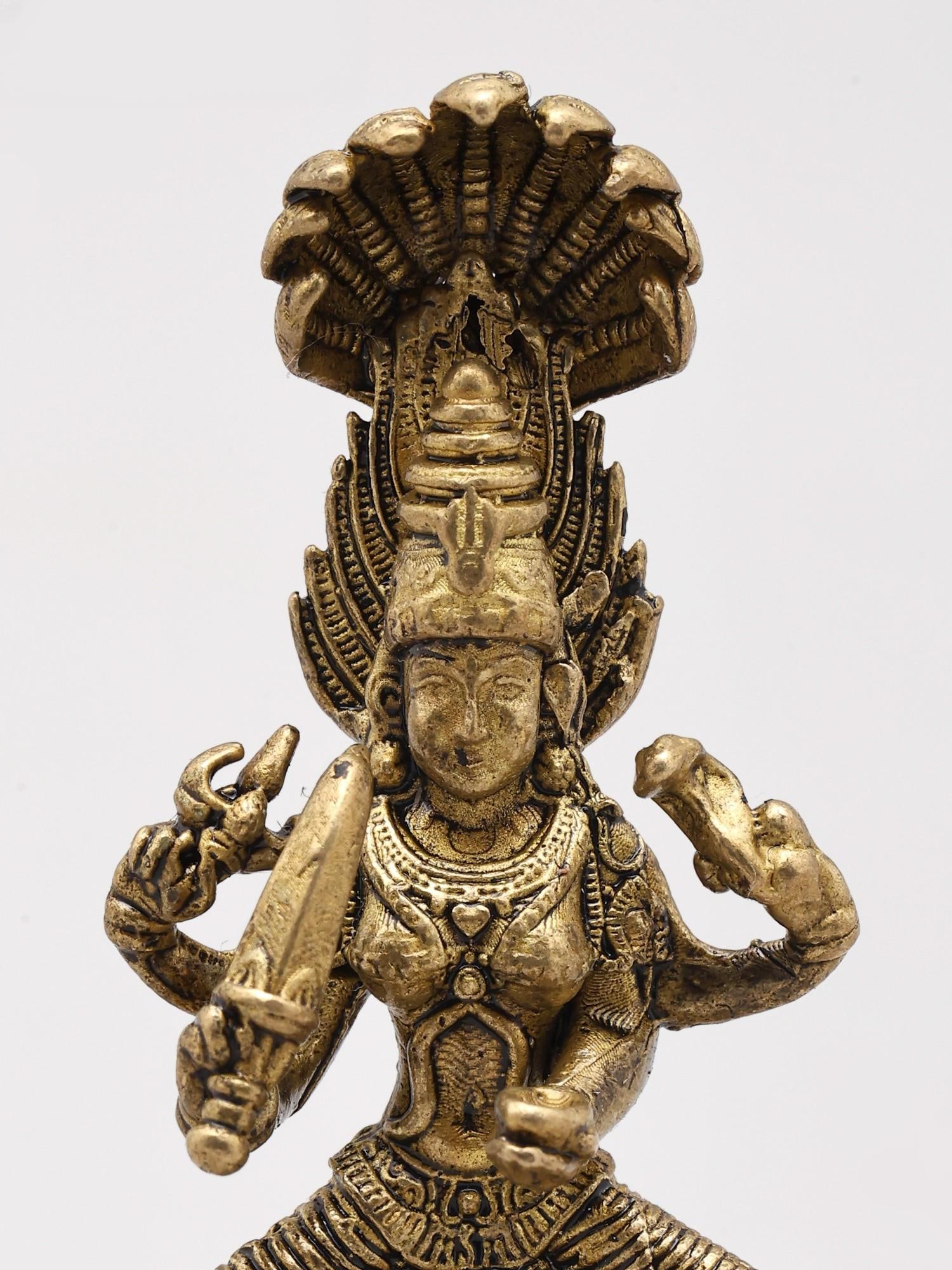 Small Goddess Mariamman Seated on Pedestal - A Form of Durga | Handmade | Copper Statue - 2