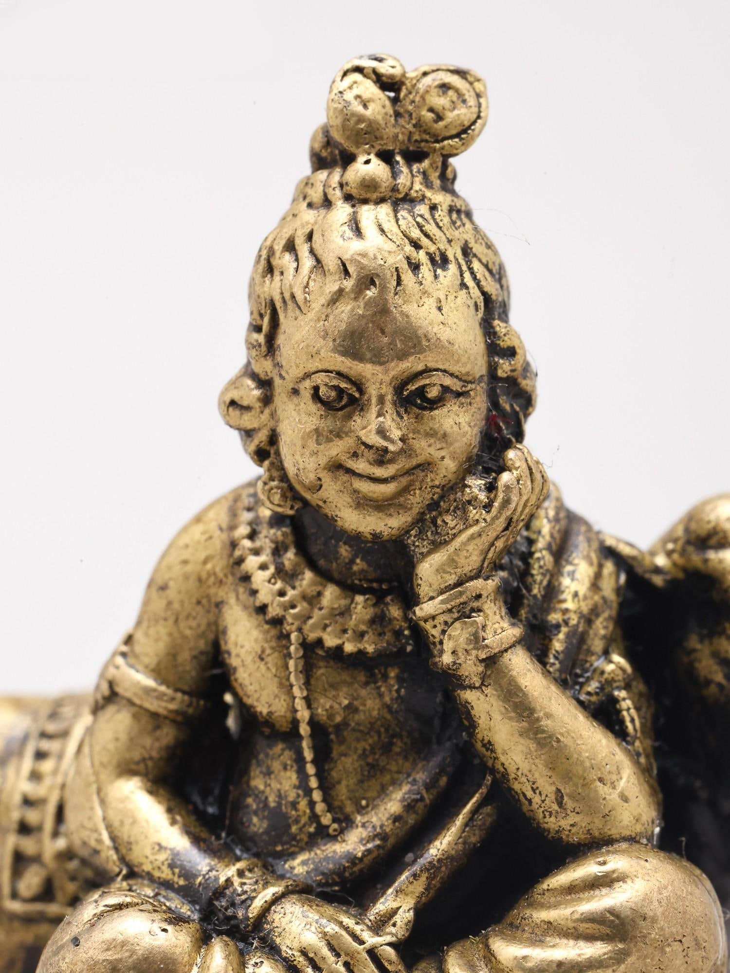 Small Bal Gopal (Krishna) Seated with Cow | Handmade | Copper Statue - 2